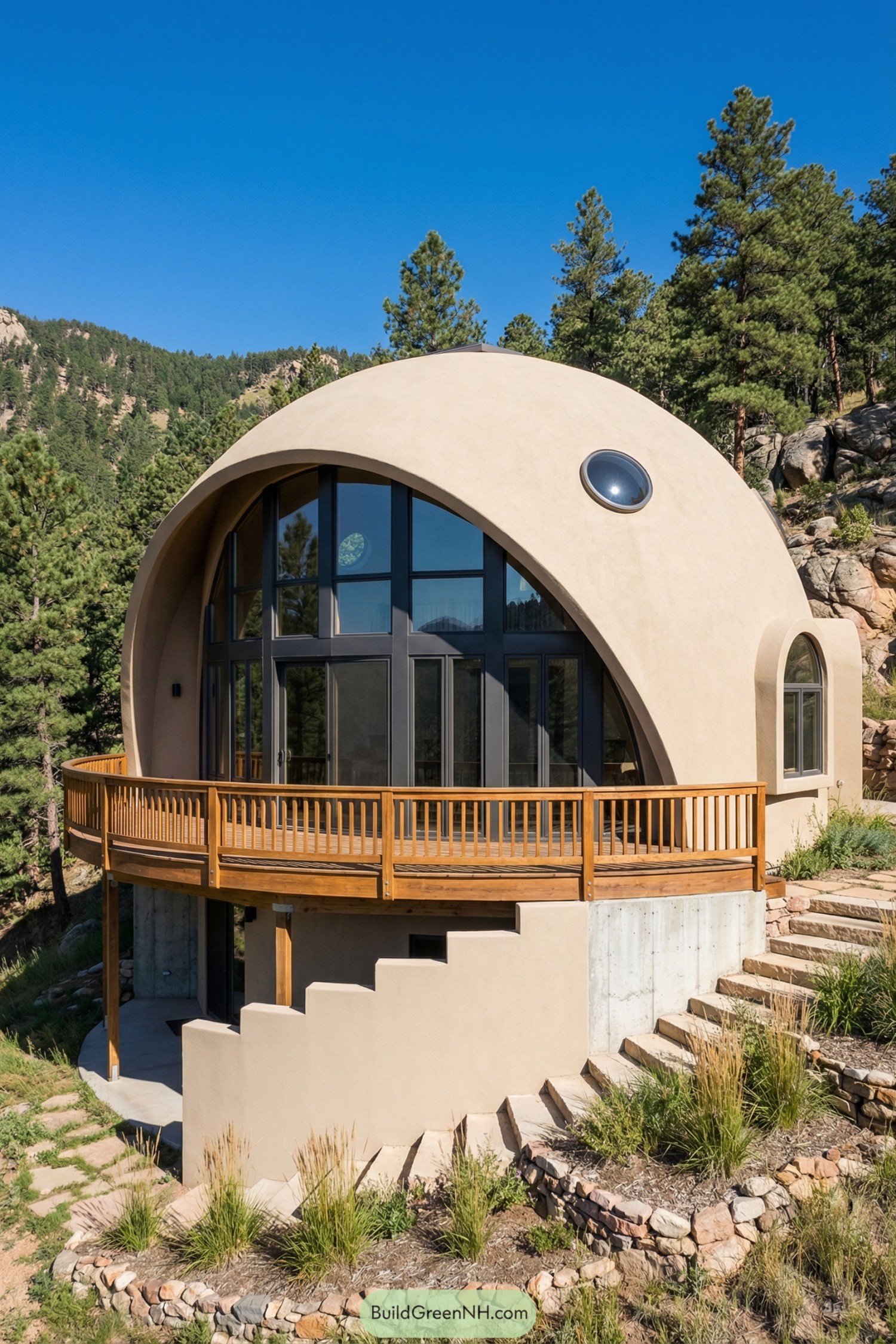 Rounded concrete dome house with large glass façade, wraparound wood deck, and hillside steps among pines
