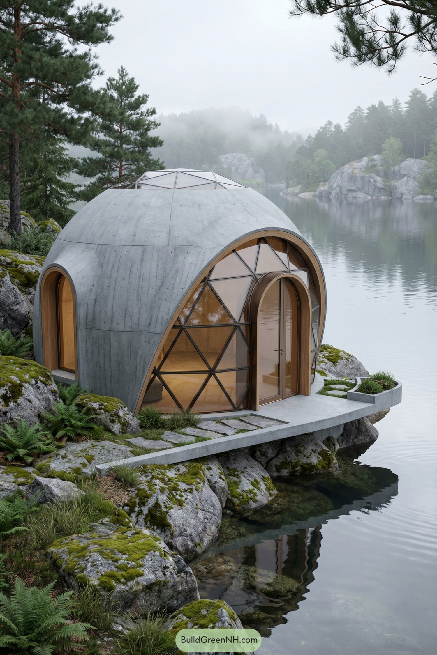 Concrete dome cabin with glass front on rocky lakeside