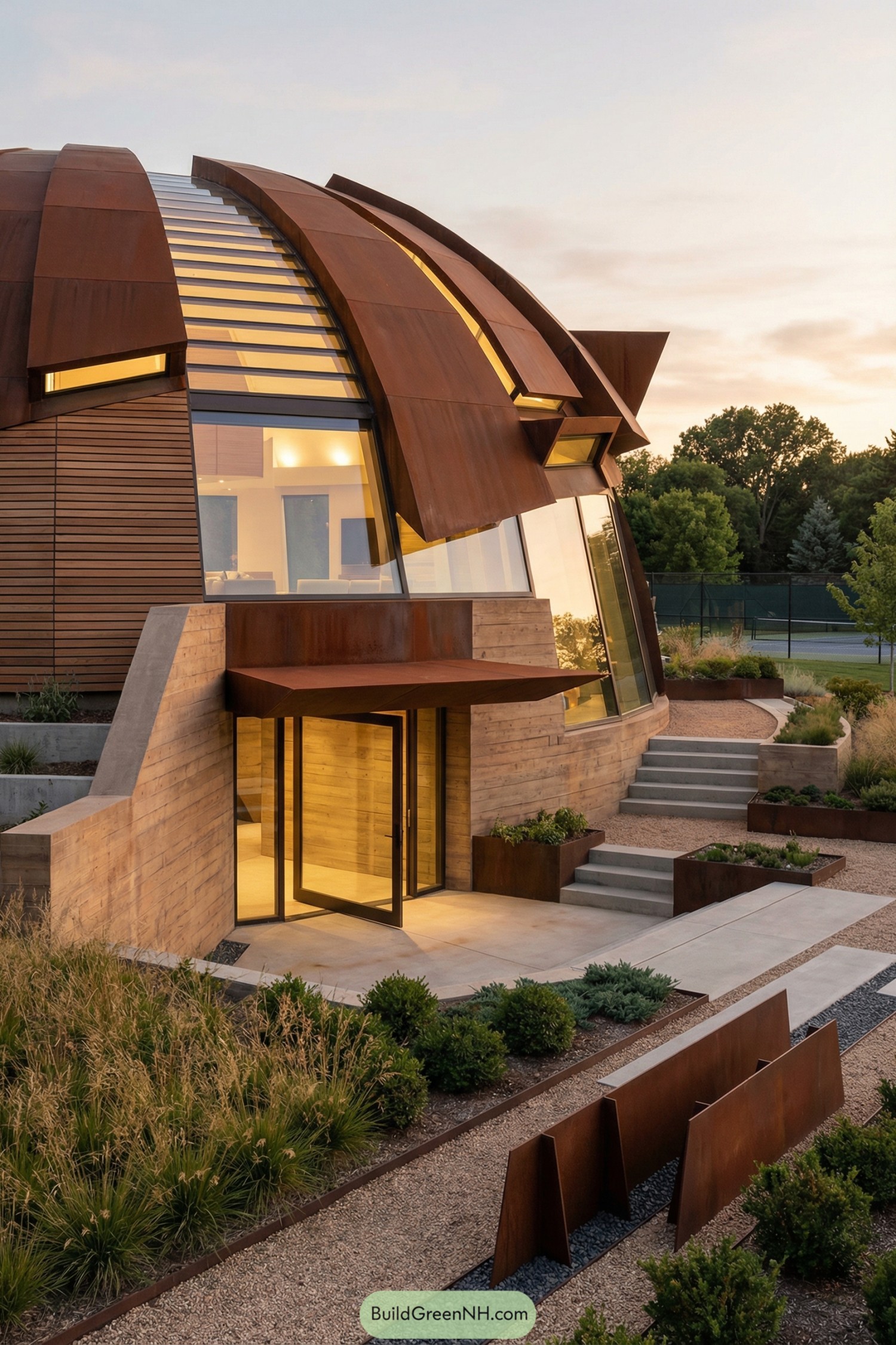 Modern rust-toned dome house with glass
