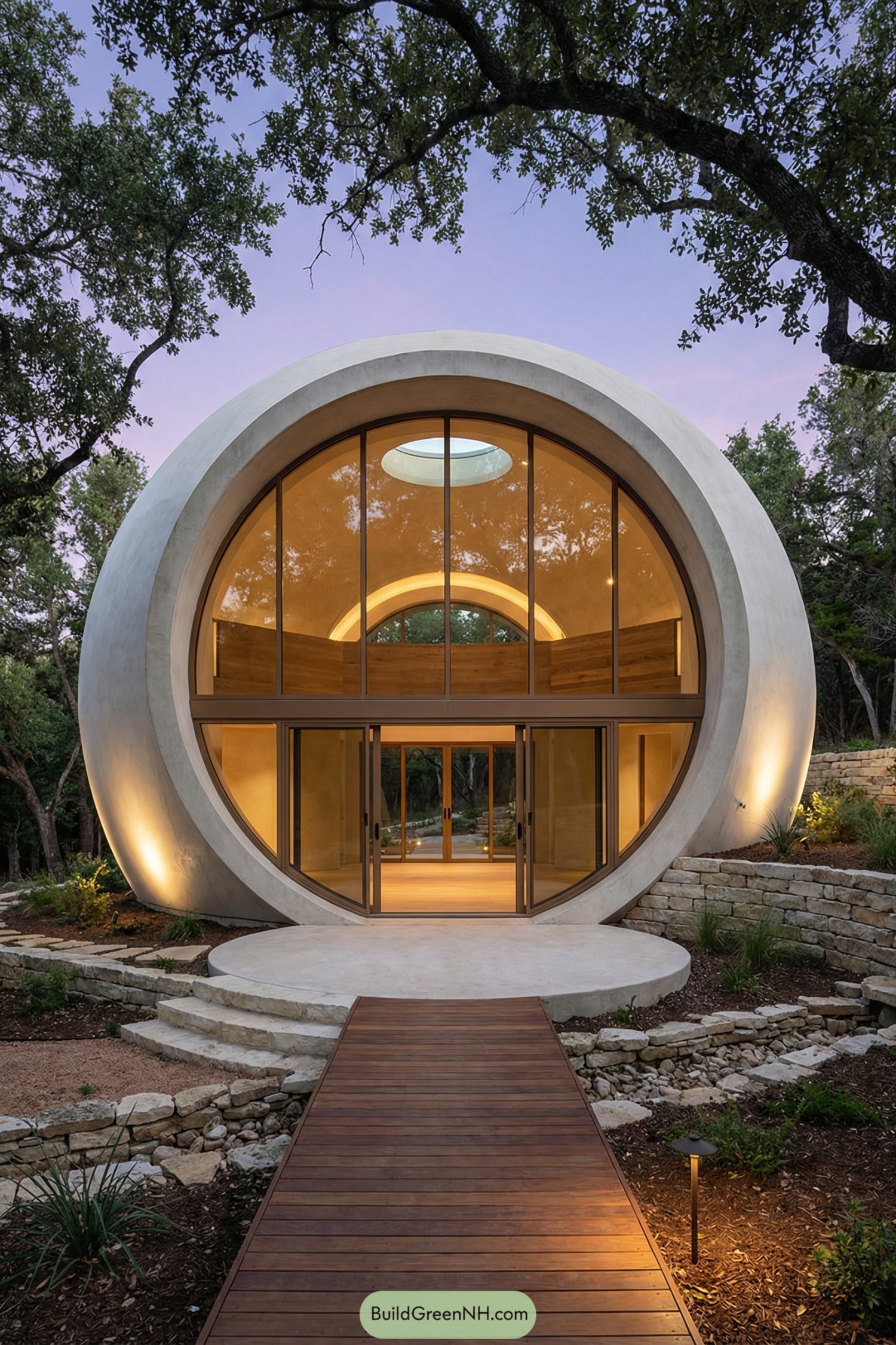 Spherical concrete dome house with full-height glass front nestled among trees