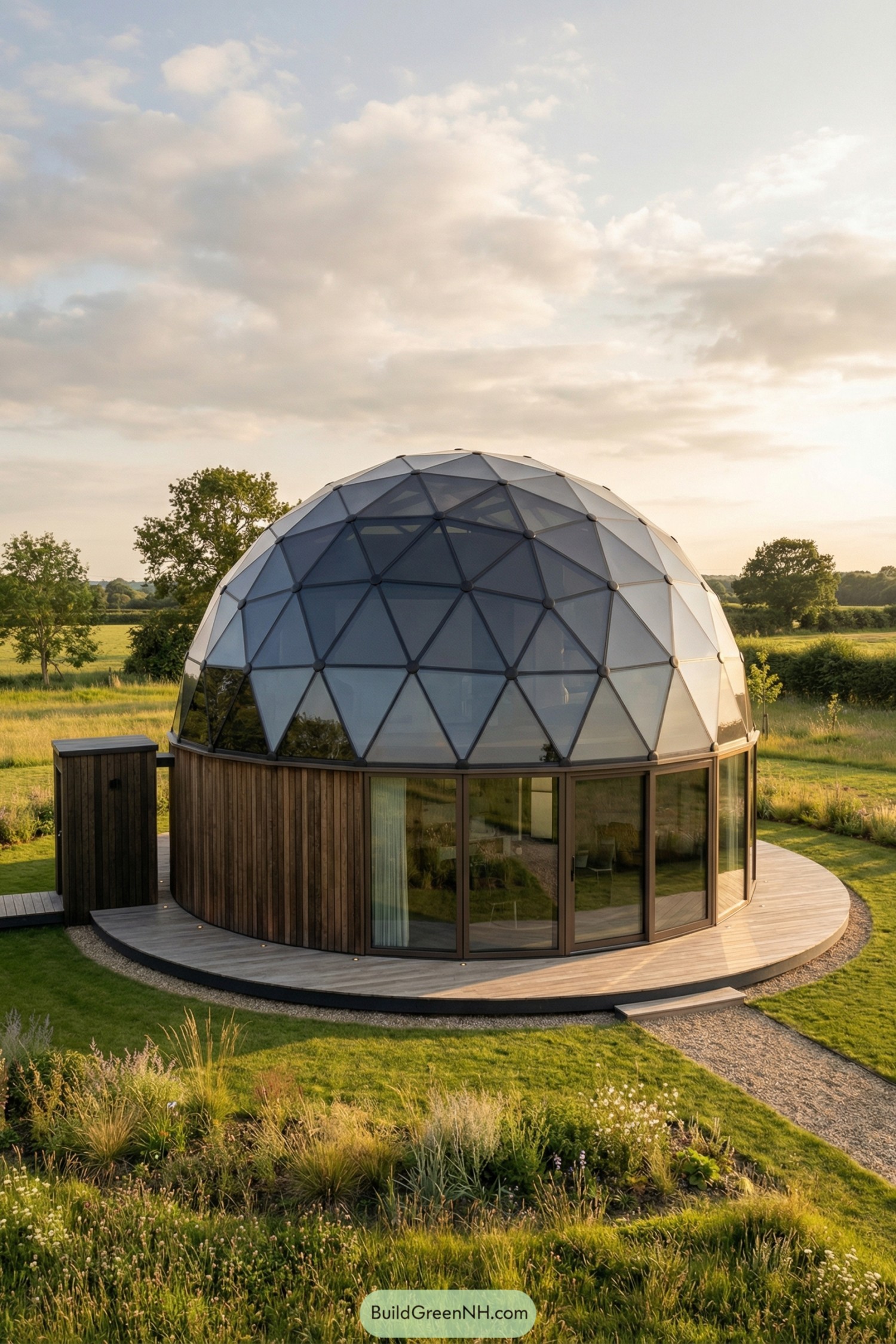 Modern glass-and-wood dome home in meadow