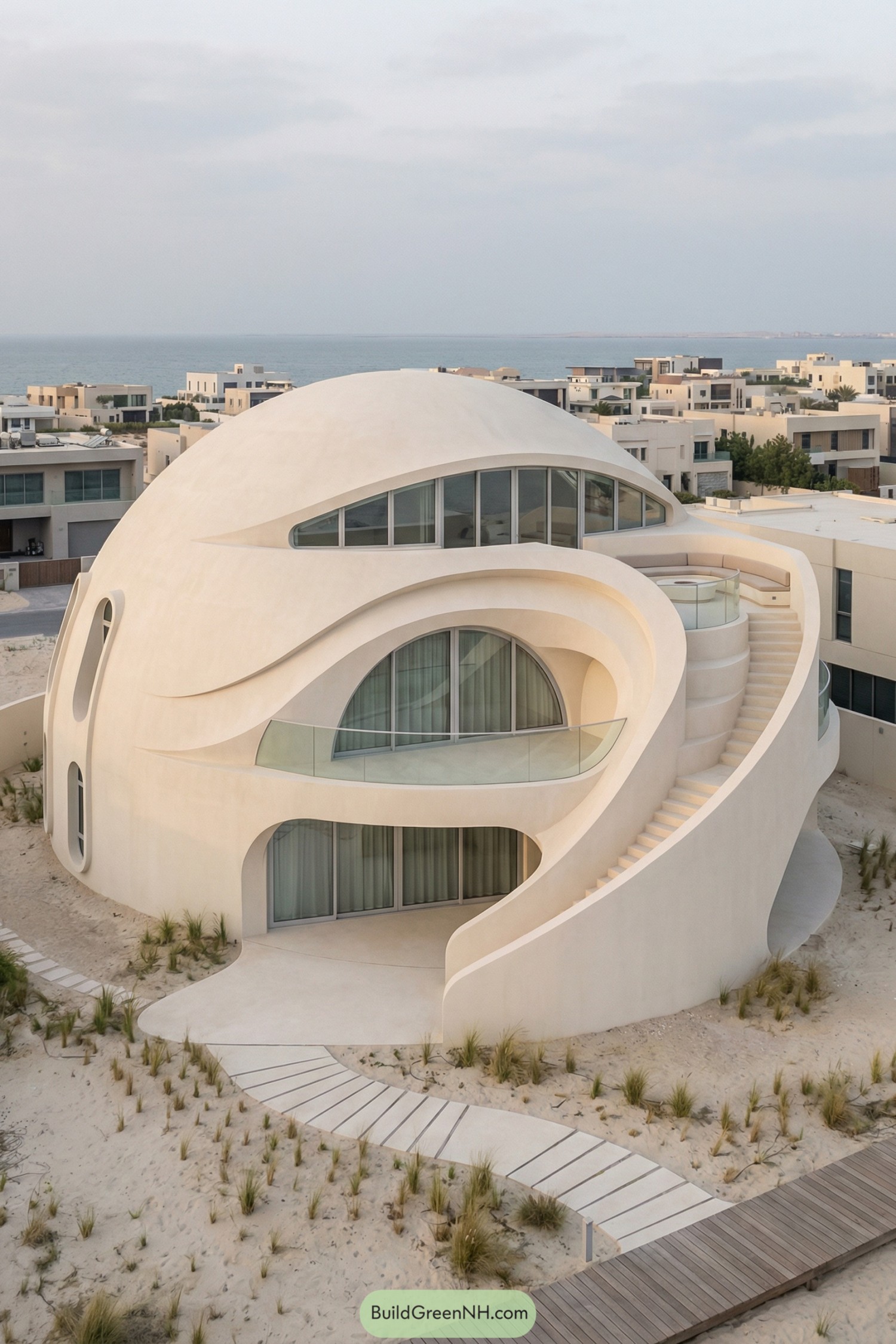 Cream-colored dome house with sweeping layered curves and a wraparound staircase
