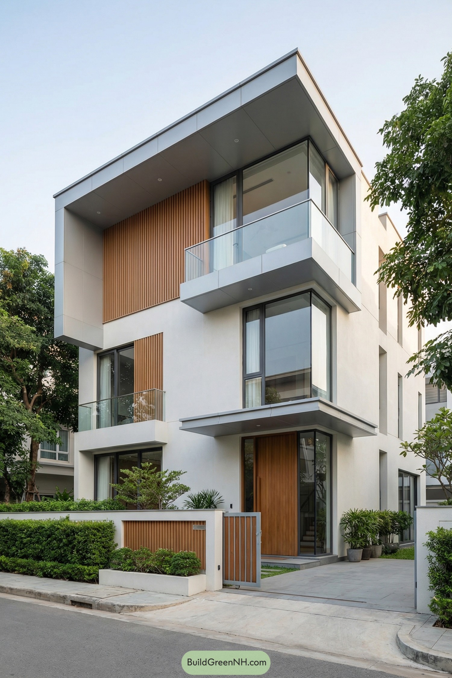 Three-story modern house with glass balconies and vertical wood accents