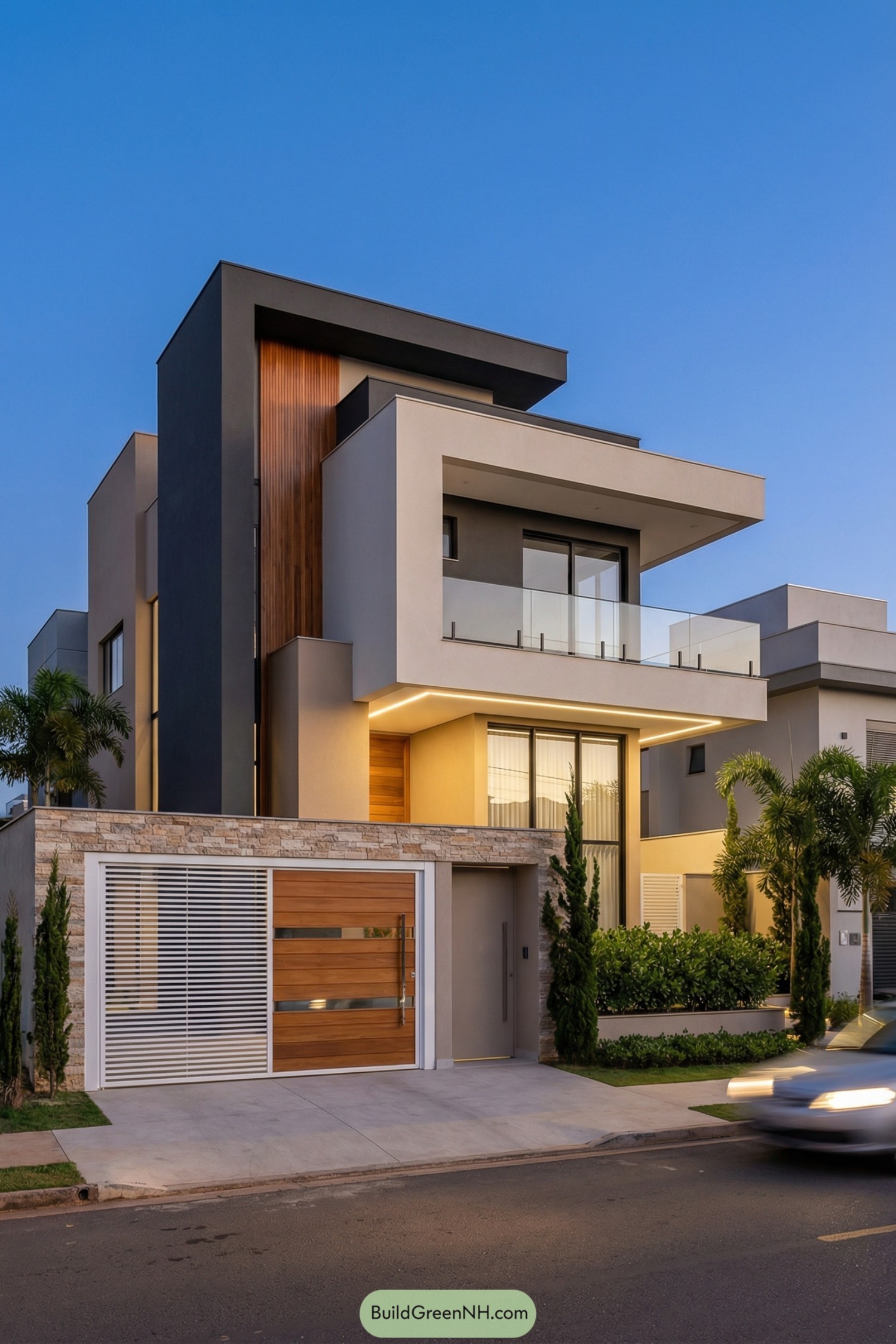 Modern three-story house with layered concrete, wood accents, glass railings, and a low stone wall along the street