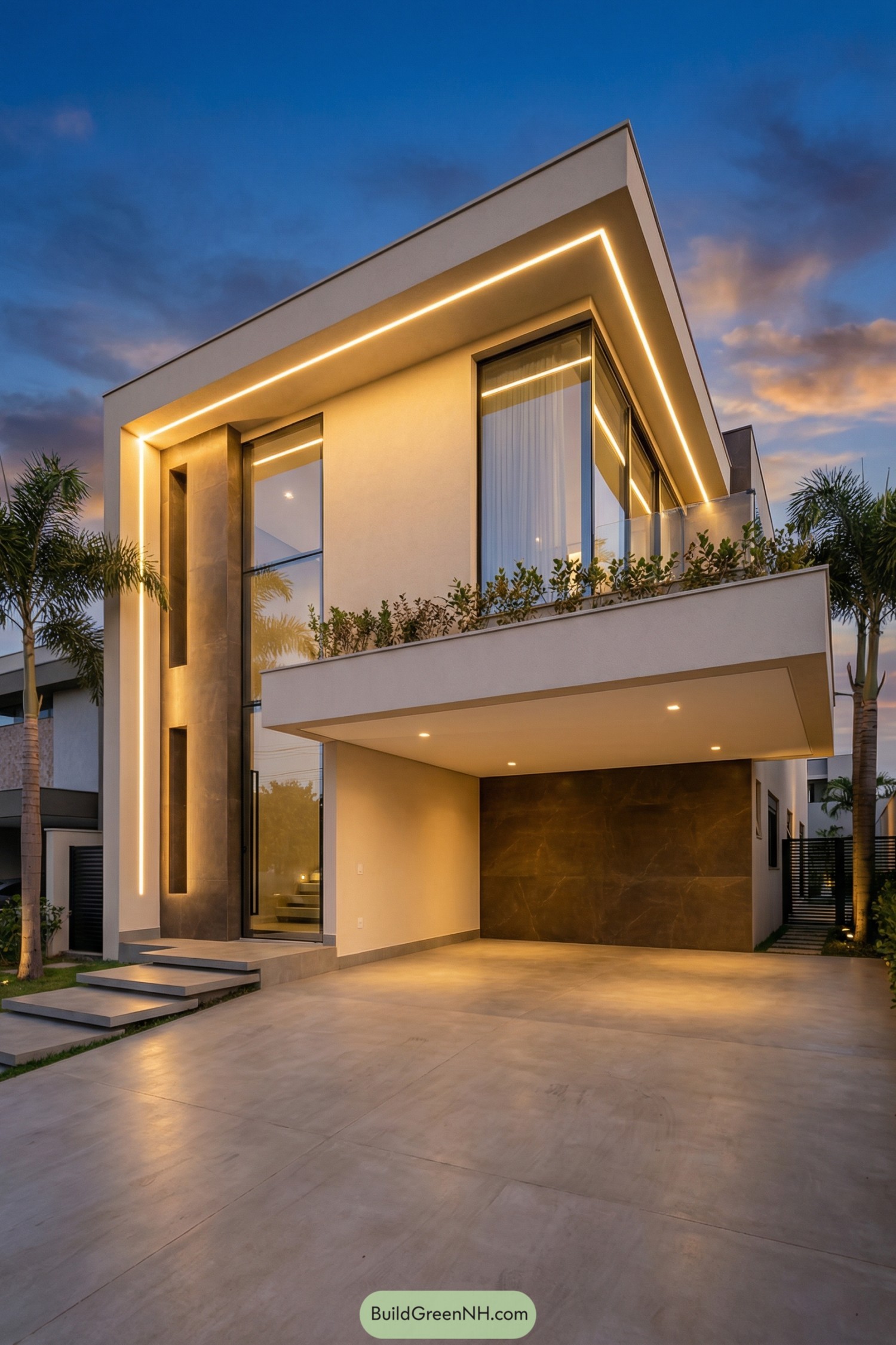 Modern two-story house with sharp lines and warm LED strip lighting