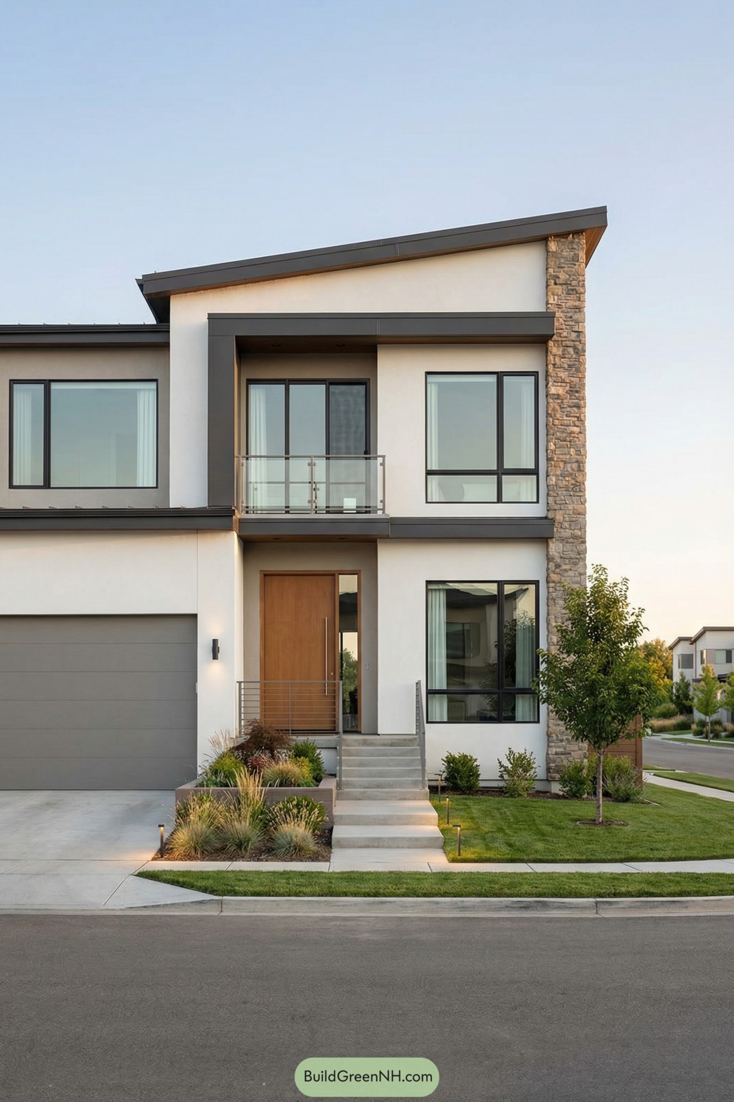 Modern two-story house with sloped roof and large windows at a street corner