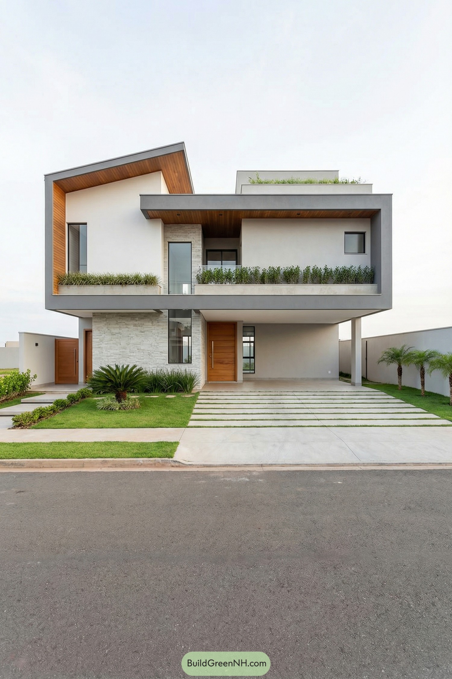 Modern two story house with cantilevered upper floor and lush planters