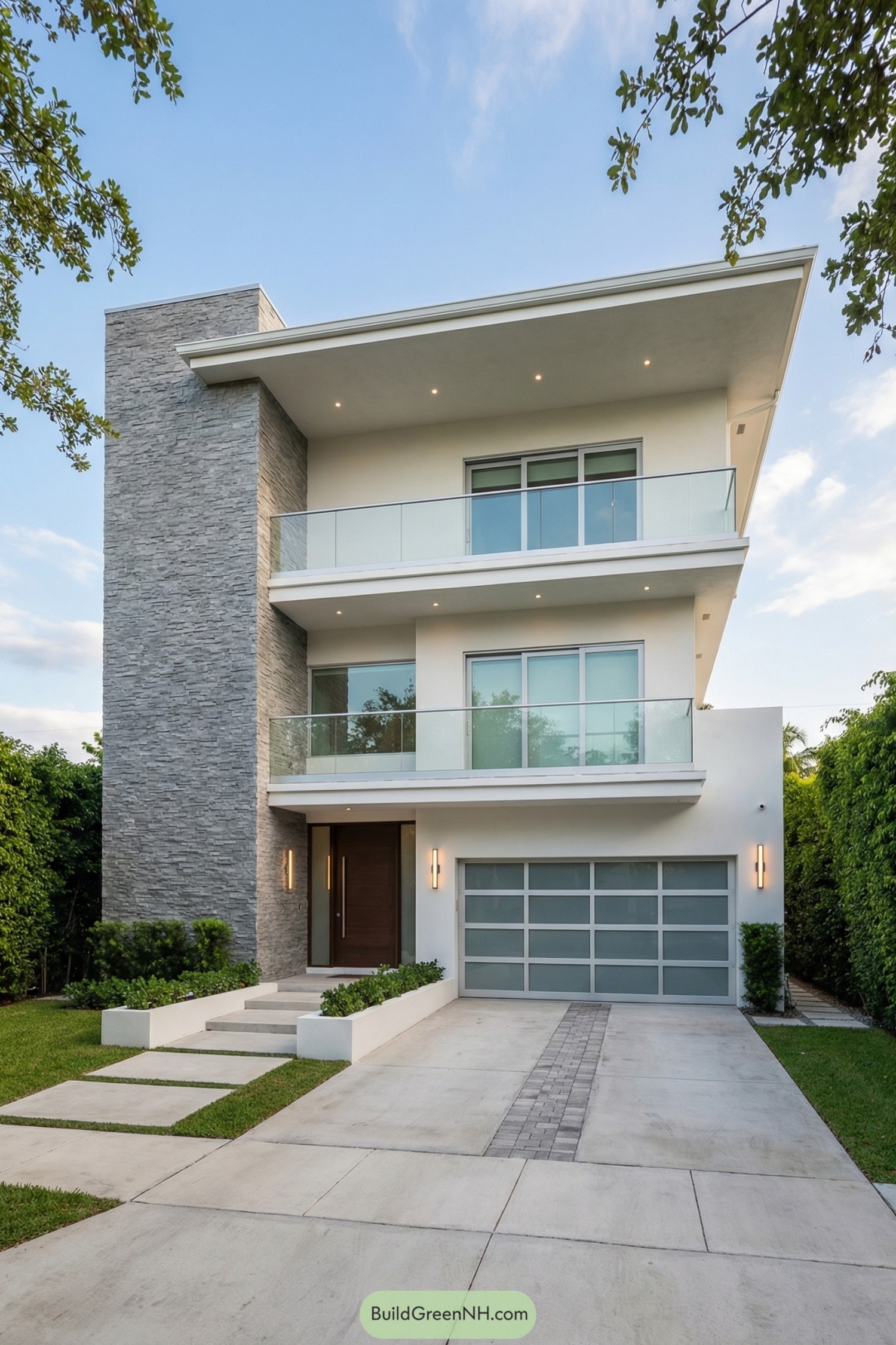 Three story modern home with glass balconies and stone accent wall