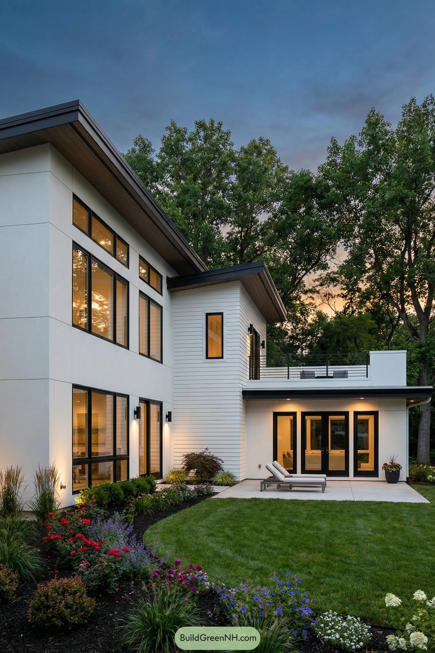 Modern two-story white house with large black-trimmed windows, patio, and landscaped garden at dusk