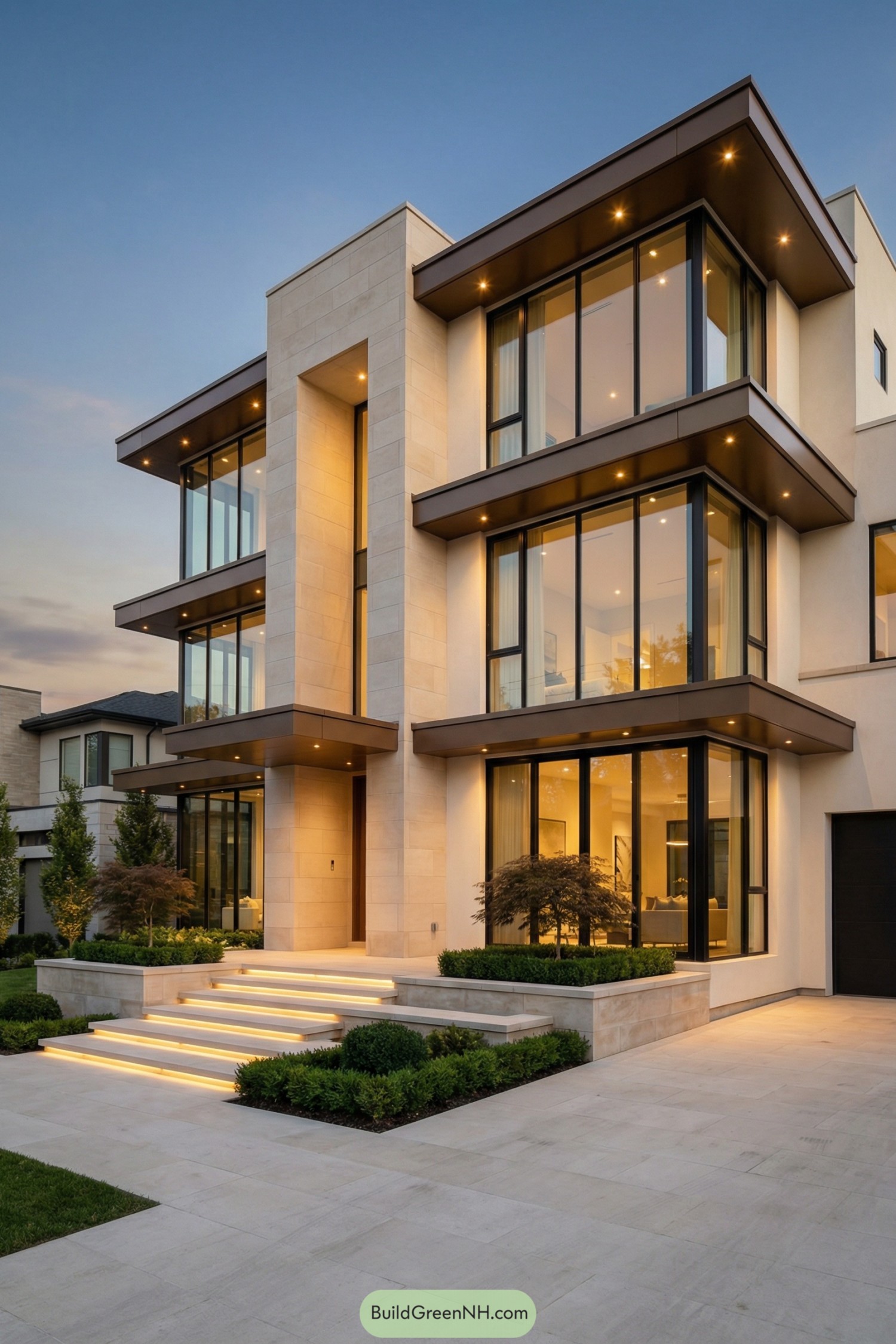 Three-story modern home with expansive glass walls at dusk
