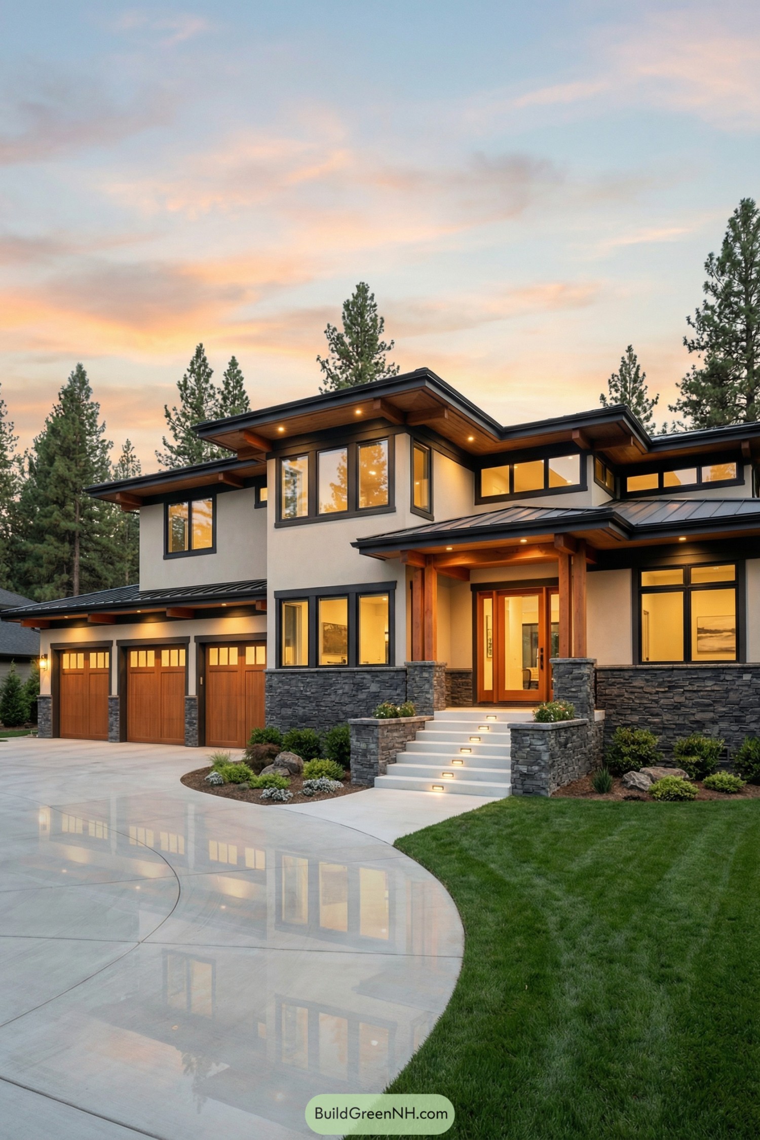 Modern two-story home with stone and wood accents at sunset