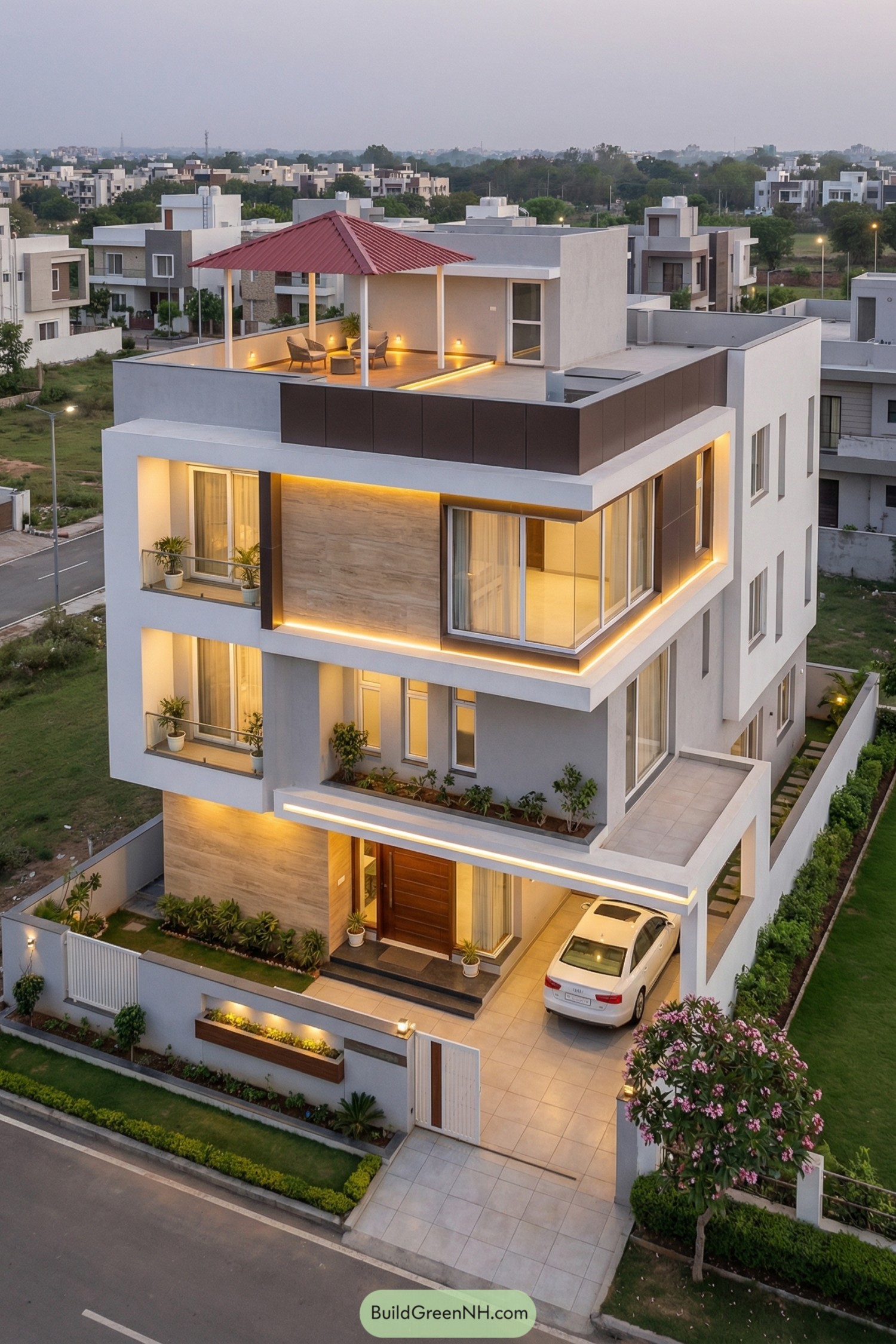 Modern three-story house with rooftop patio
