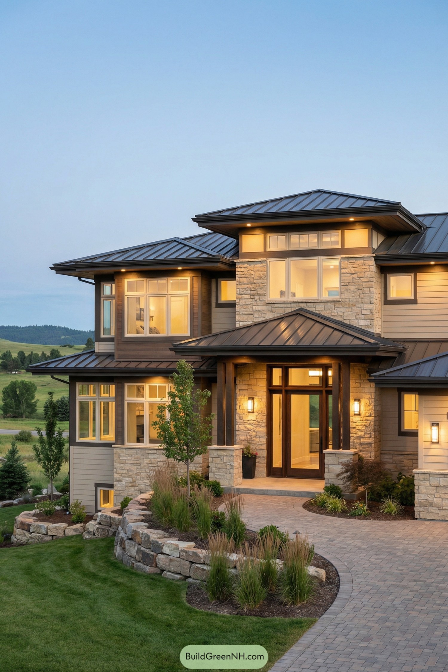 high-res photo of modern dream house, contemporary mountain-style facade with strong horizontal lines and multi-level massing, warm beige and taupe exterior with natural stone cladding and light tan horizontal siding, large asymmetrical structure stepping with the sloped terrain, mixed materials of stacked stone veneer, smooth fiber-cement panels, and dark wood accents, dark charcoal standing-seam metal hip roofs with multiple low-pitched tiers and deep overhangs, broad eaves with recessed warm downlighting, large rectangular windows with cream frames and divided-light upper sections, corner windows and clerestory windows on upper level, tall pivot-style glass front door in a dark wood frame with full-height sidelight, covered entry porch with dark wood beams, stone columns, and a separate low-pitched metal roof, integrated wall-mounted modern sconces flanking the entry, attached side garage with dark wood-look door and horizontal panels, curved paver driveway and walkway leading to the entrance, elevated front terrace and stone retaining walls built from irregular boulders, layered planting beds with low shrubs, ornamental grasses, young trees, and manicured green lawn, house set on a gentle hillside with natural rocks and terraced garden edges, surrounding environment of rolling green hills, scattered trees, and distant ridge under a clear evening sky with soft blue gradient, interior lights glowing warmly through the windows creating a welcoming contrast against the landscape, real-life photo, high-resolution, architectural photography, soft lighting, cinematic composition.