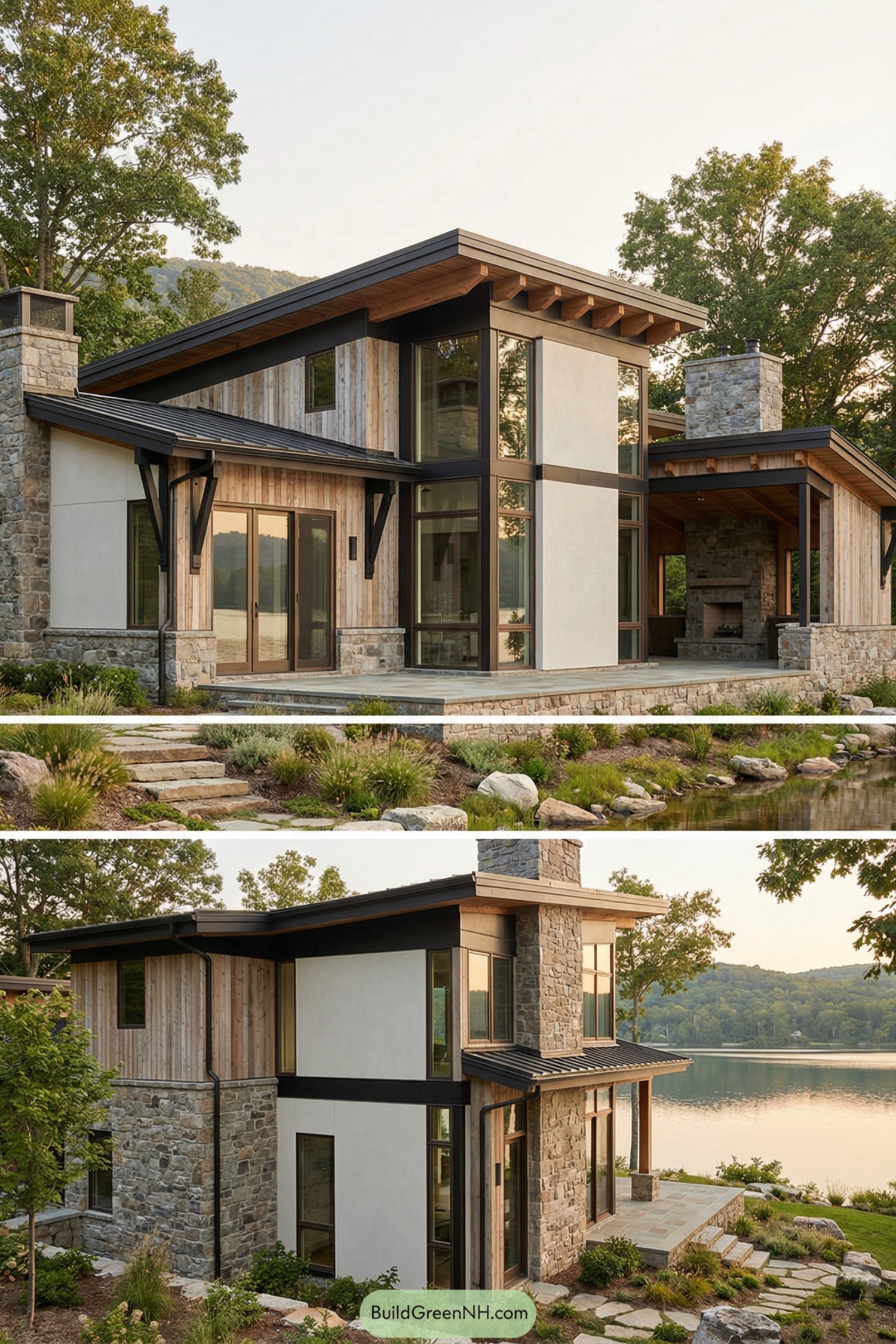 Two-story modern lake house with stone wood and glass exterior