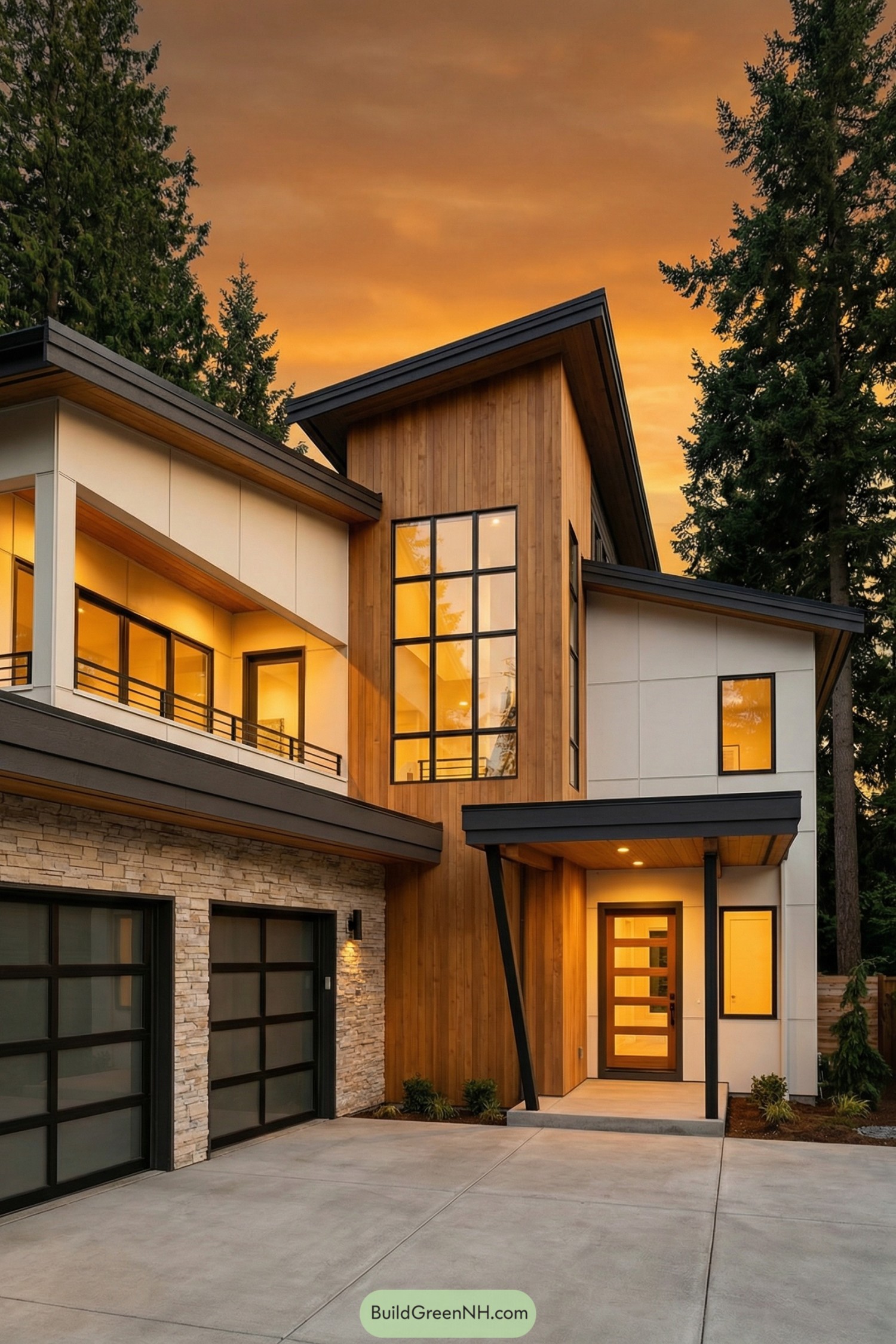 Modern two-story house with warm wood siding and large windows at sunset