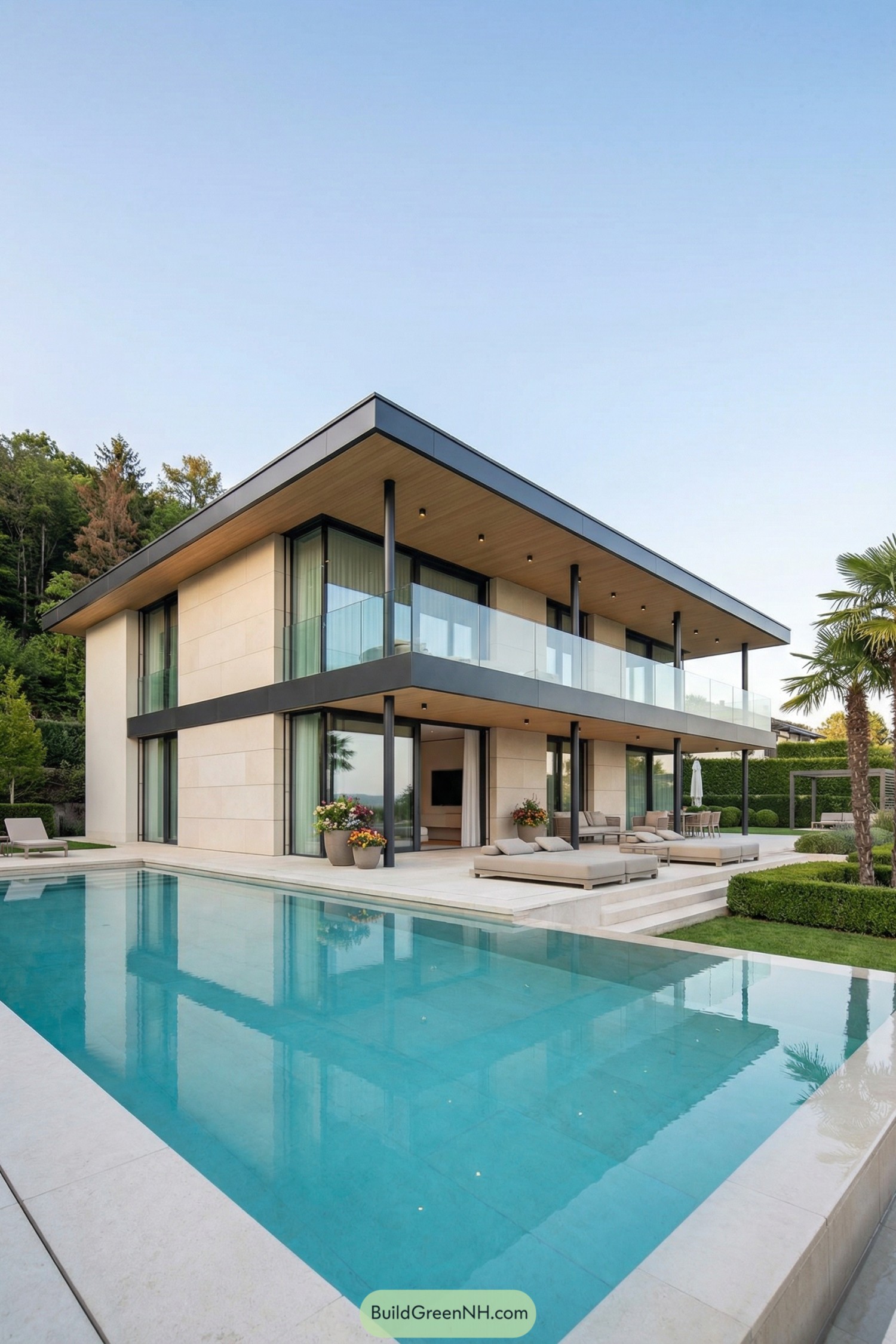 Two-story modern villa with wide overhanging roof, glass walls, and a pristine swimming pool in the foreground