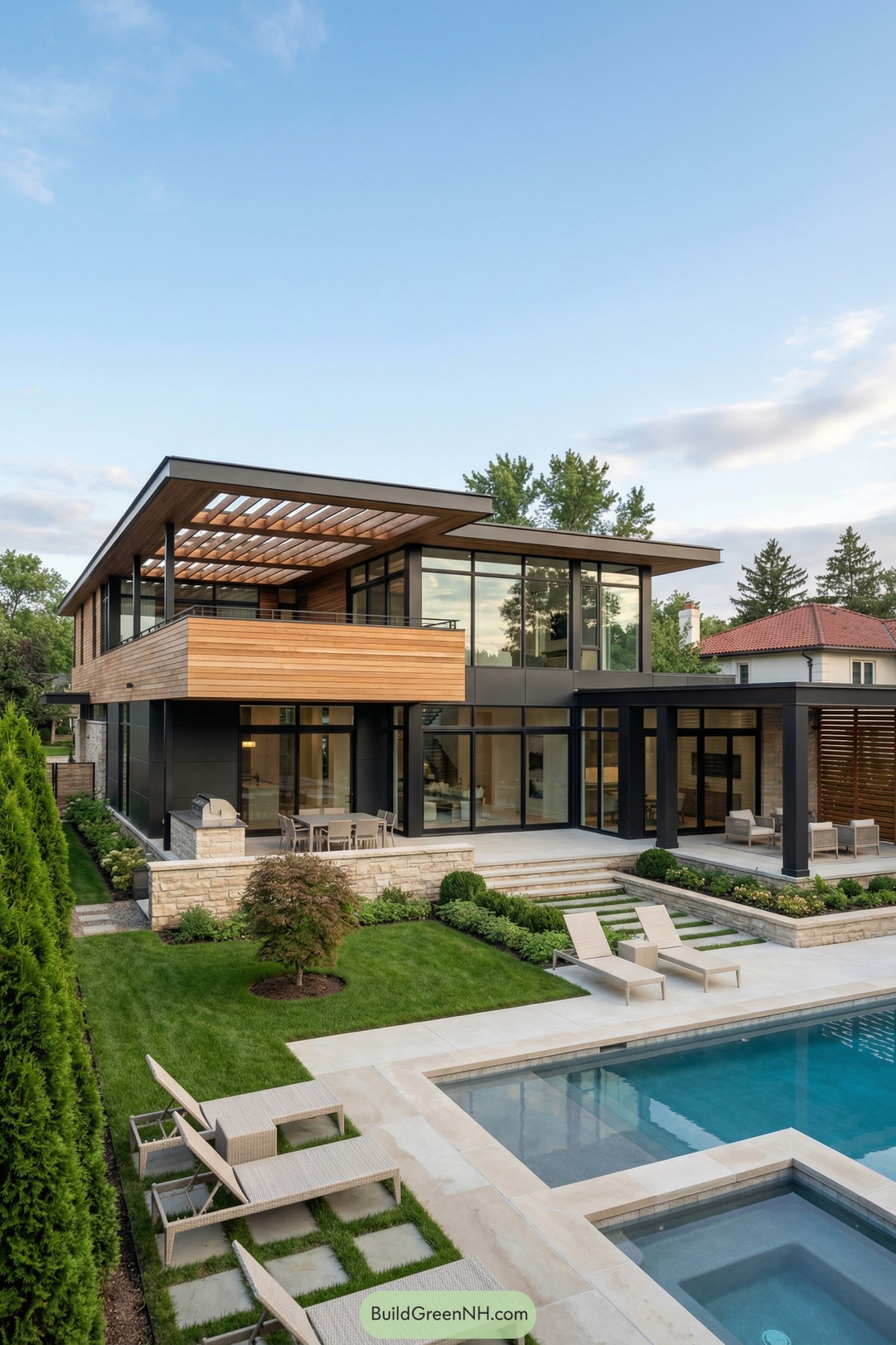 Modern two-story glass house with pool