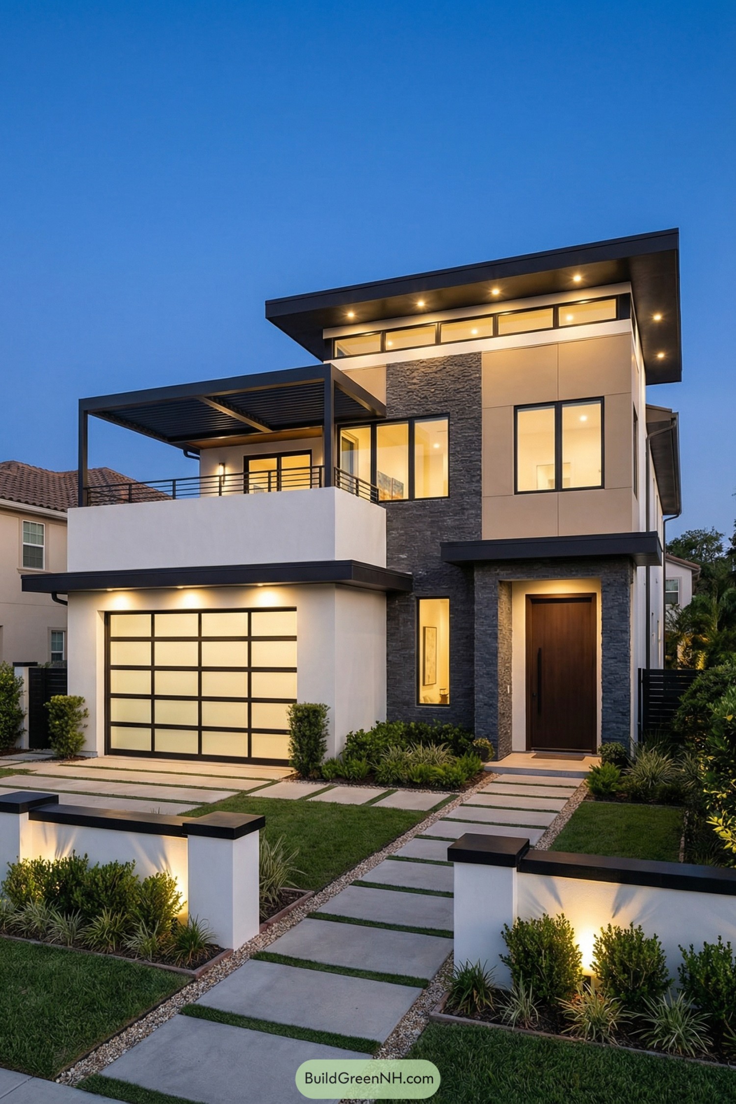 Modern two story house with flat roofs glowing at dusk and framed by clean landscaping