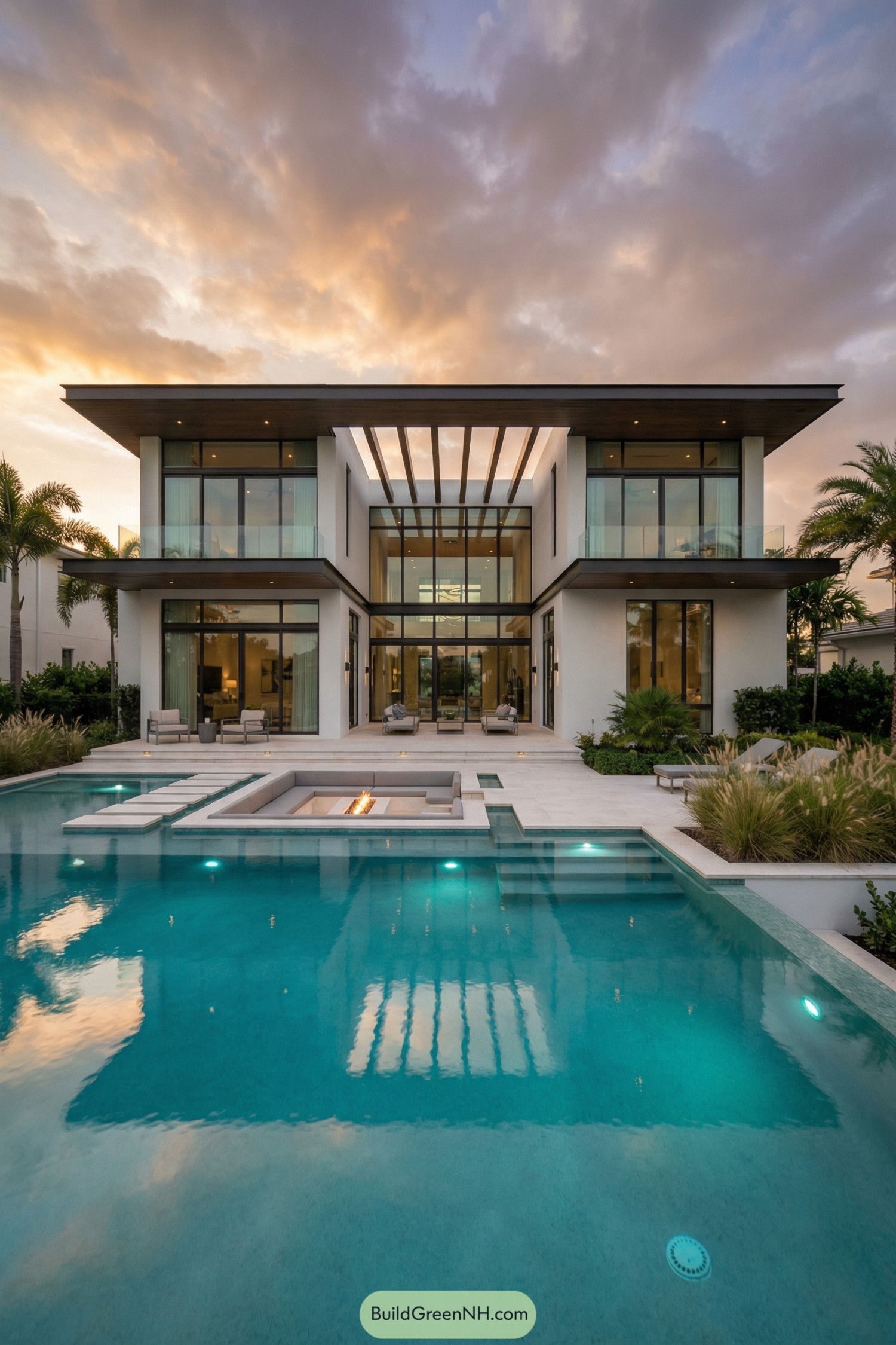 Modern two-story glass villa with pool