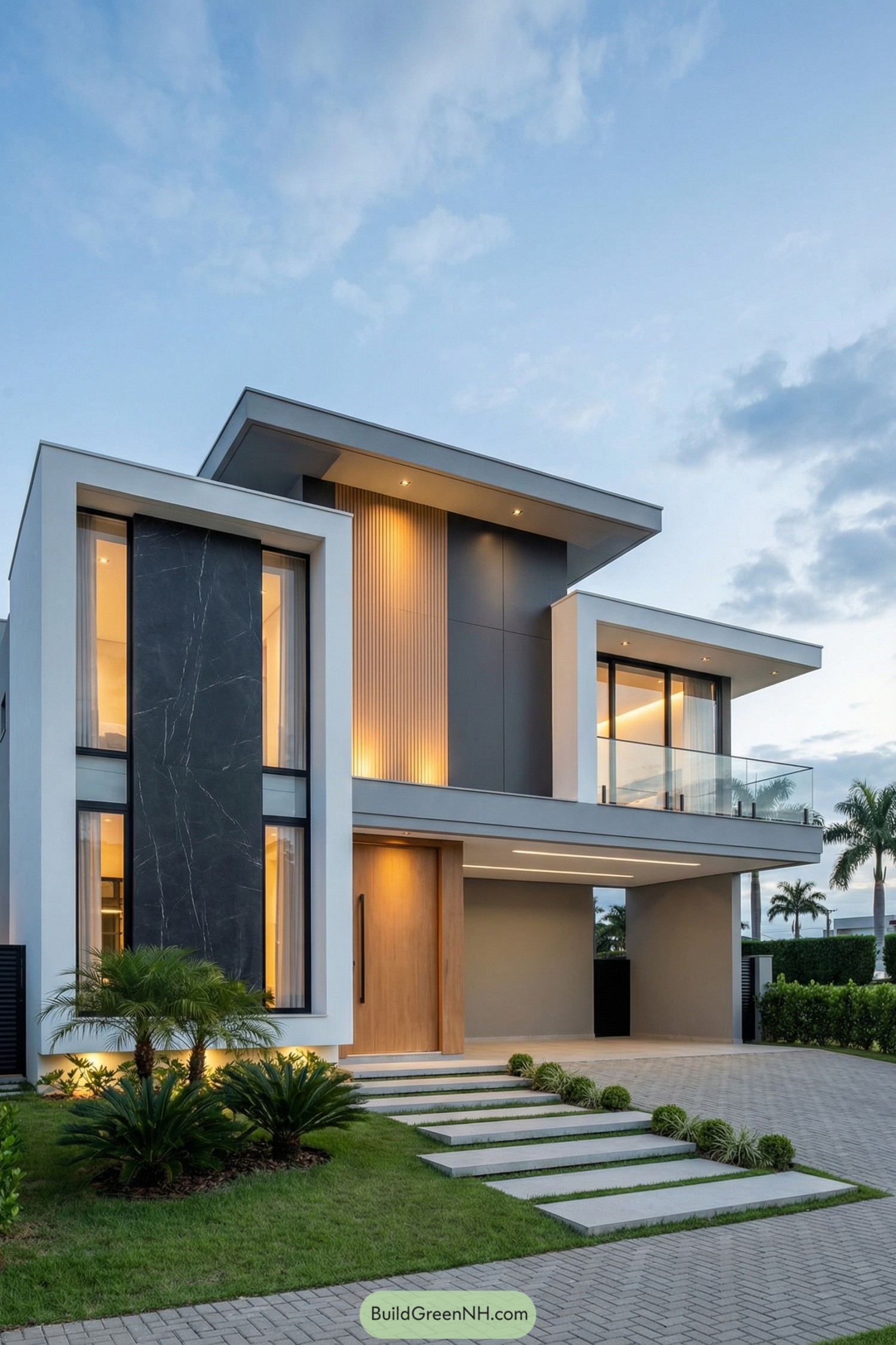 Two-story modern home with bold white frames dark cladding and a cantilevered upper level over a paved drive