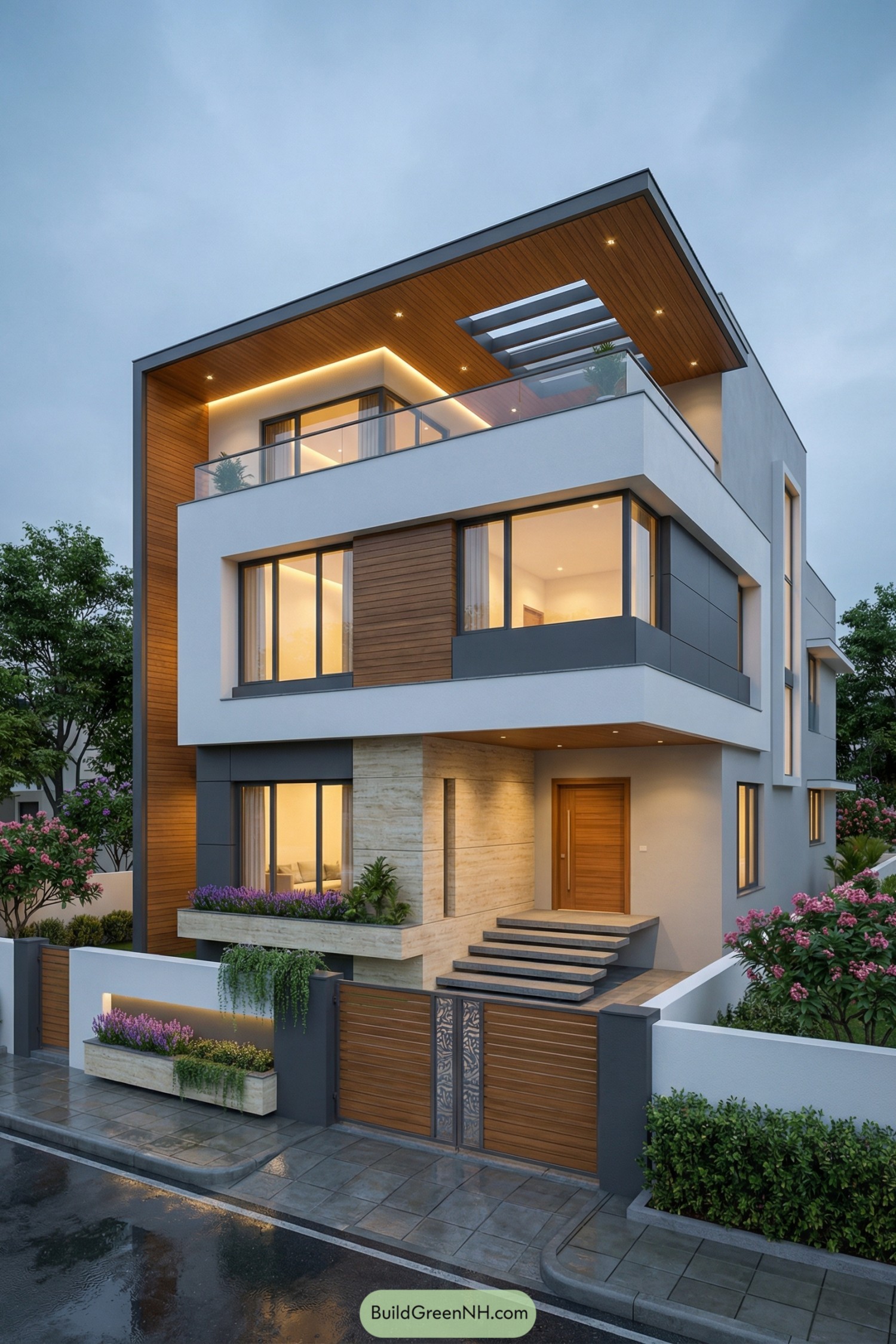 Three-story modern house with wood accents and rooftop terrace at dusk