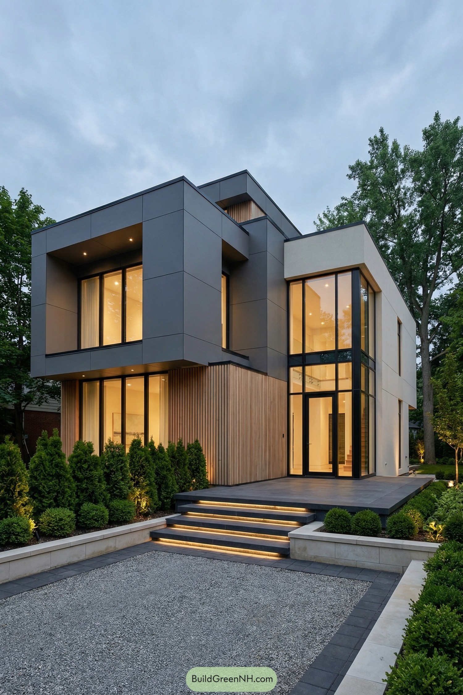 Two-story modern home with large windows, wood cladding, and illuminated entry steps at dusk