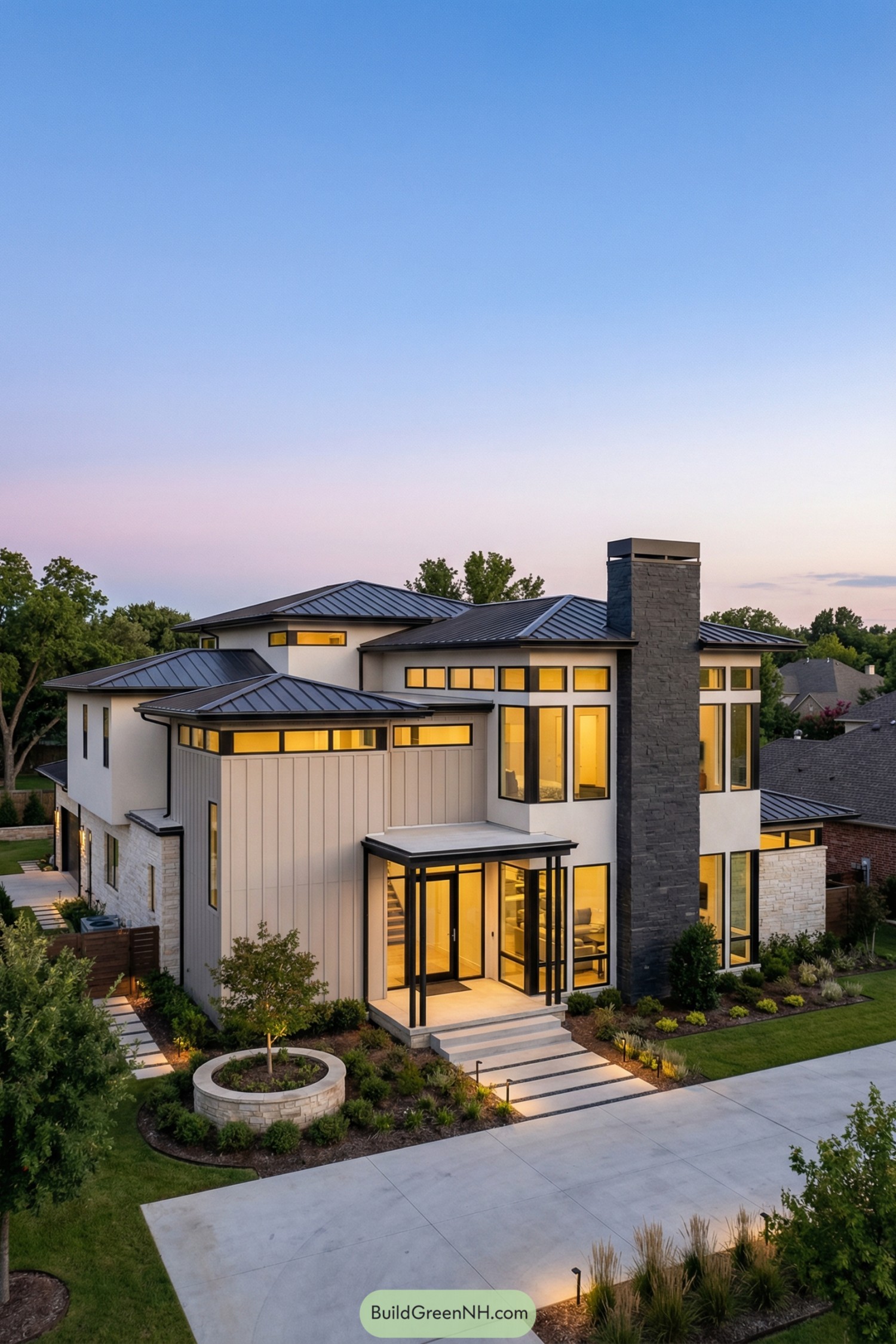 Two-story modern house at dusk
