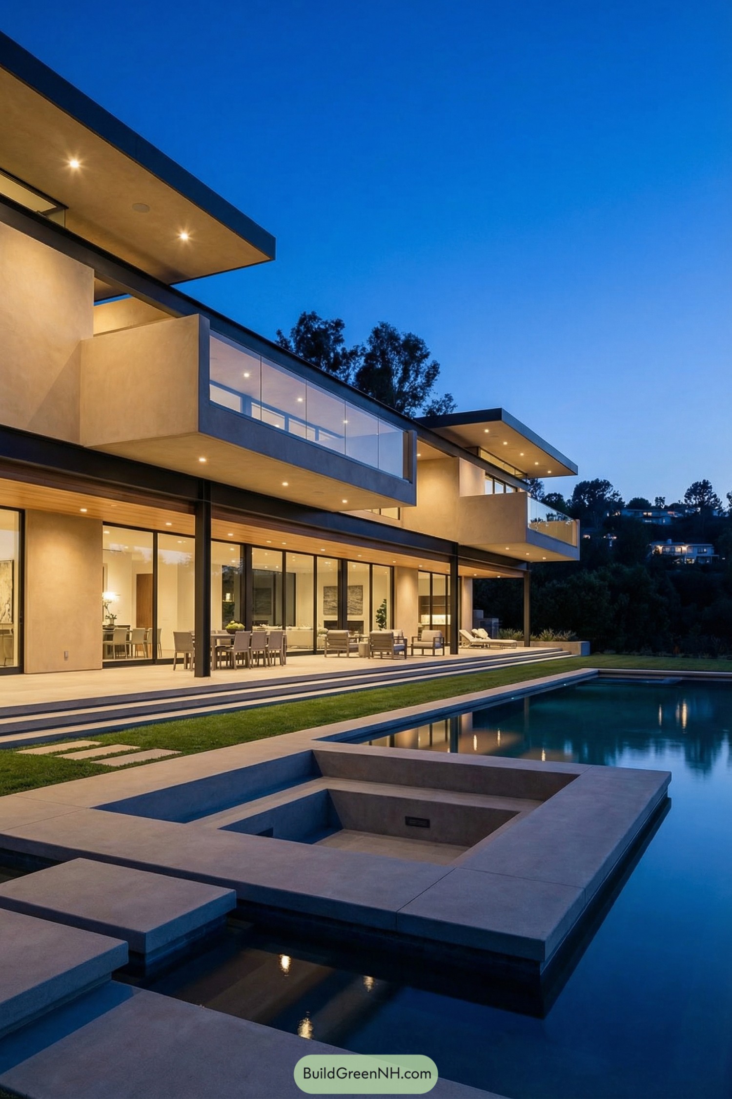 Modern two-story home with cantilevered wings overlooking a geometric pool at dusk