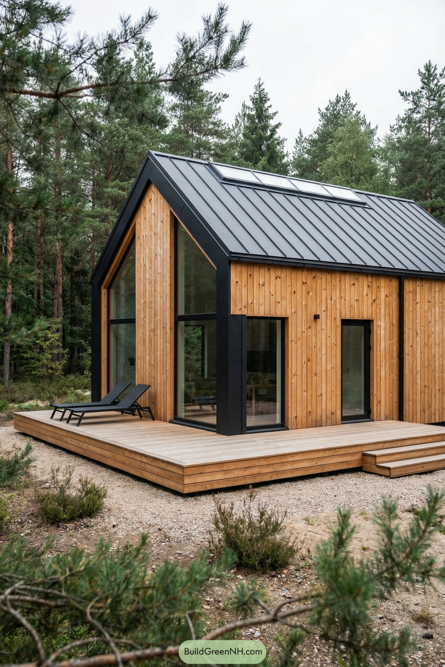 Modern wood cabin with dark metal roof and large glass walls on a forest deck