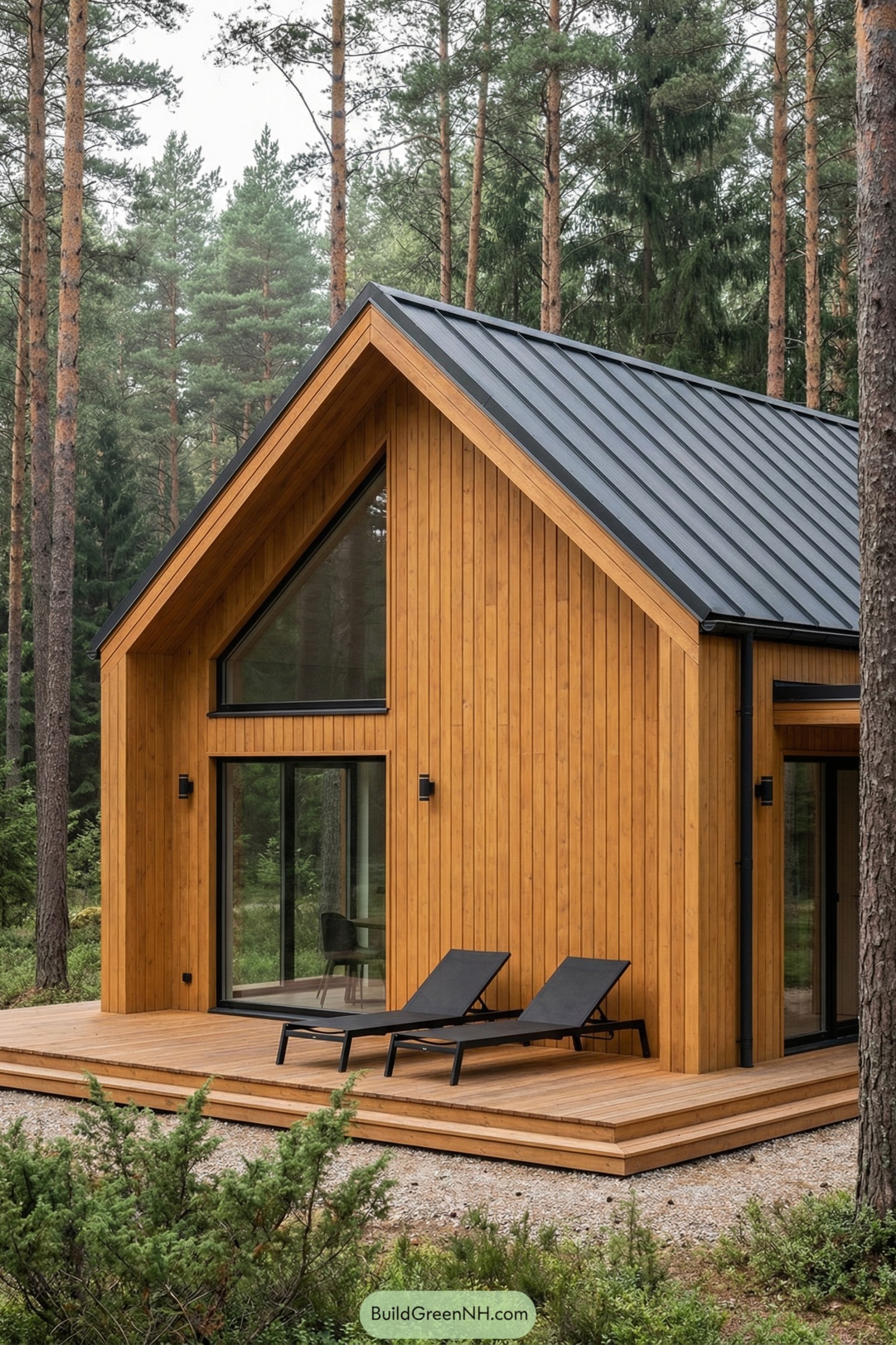 Compact gabled wood cabin with deck in forest