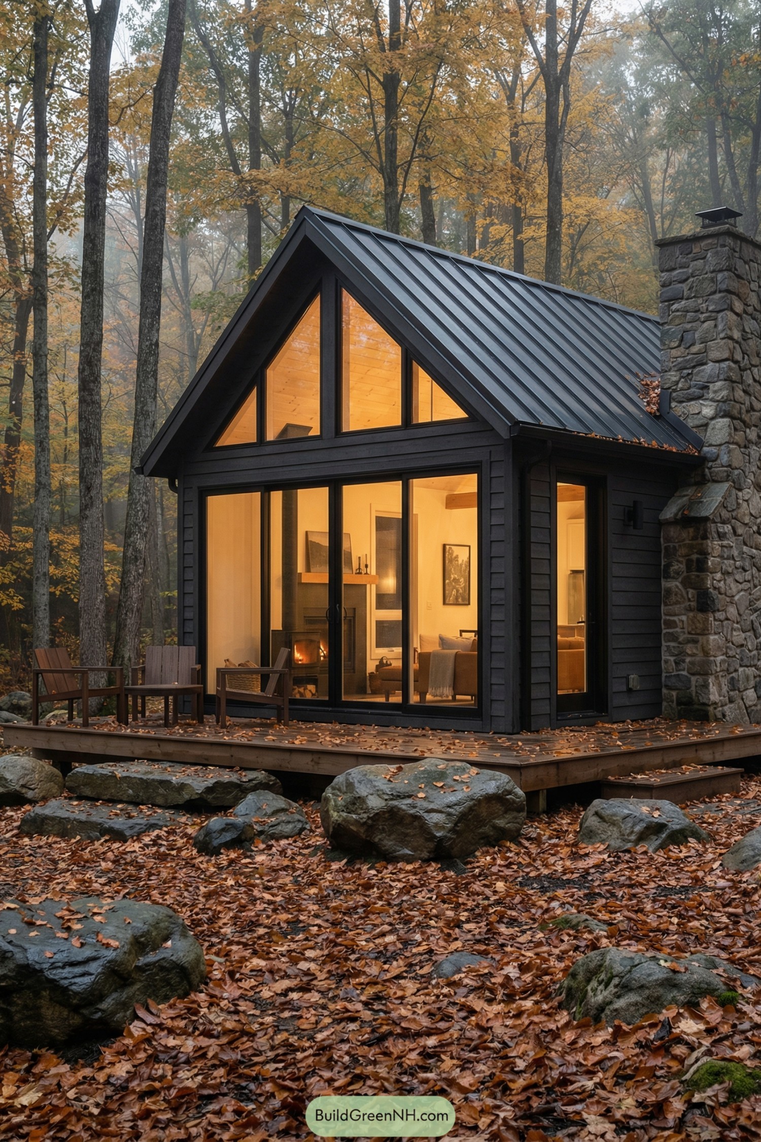 Dark wood cabin with tall glass front, stone chimney, and deck set in a foggy autumn forest