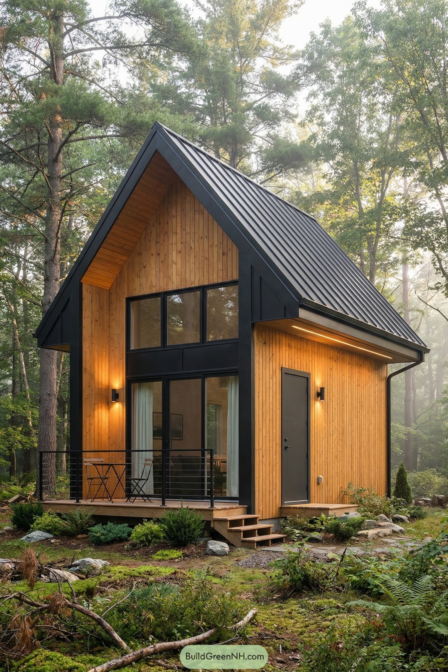 Tall narrow wood cabin with black metal roof and large front windows in a forest clearing