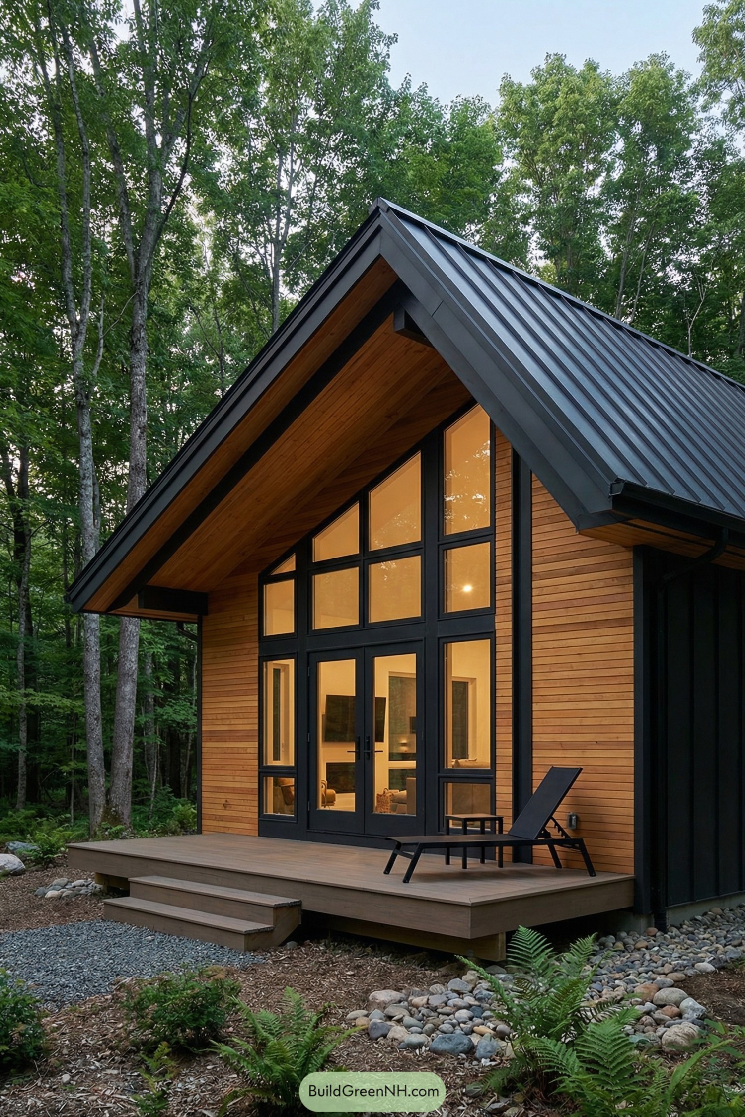Cozy modern cabin with tall black-framed windows, warm wood siding, and a steep metal roof nestled in dense forest