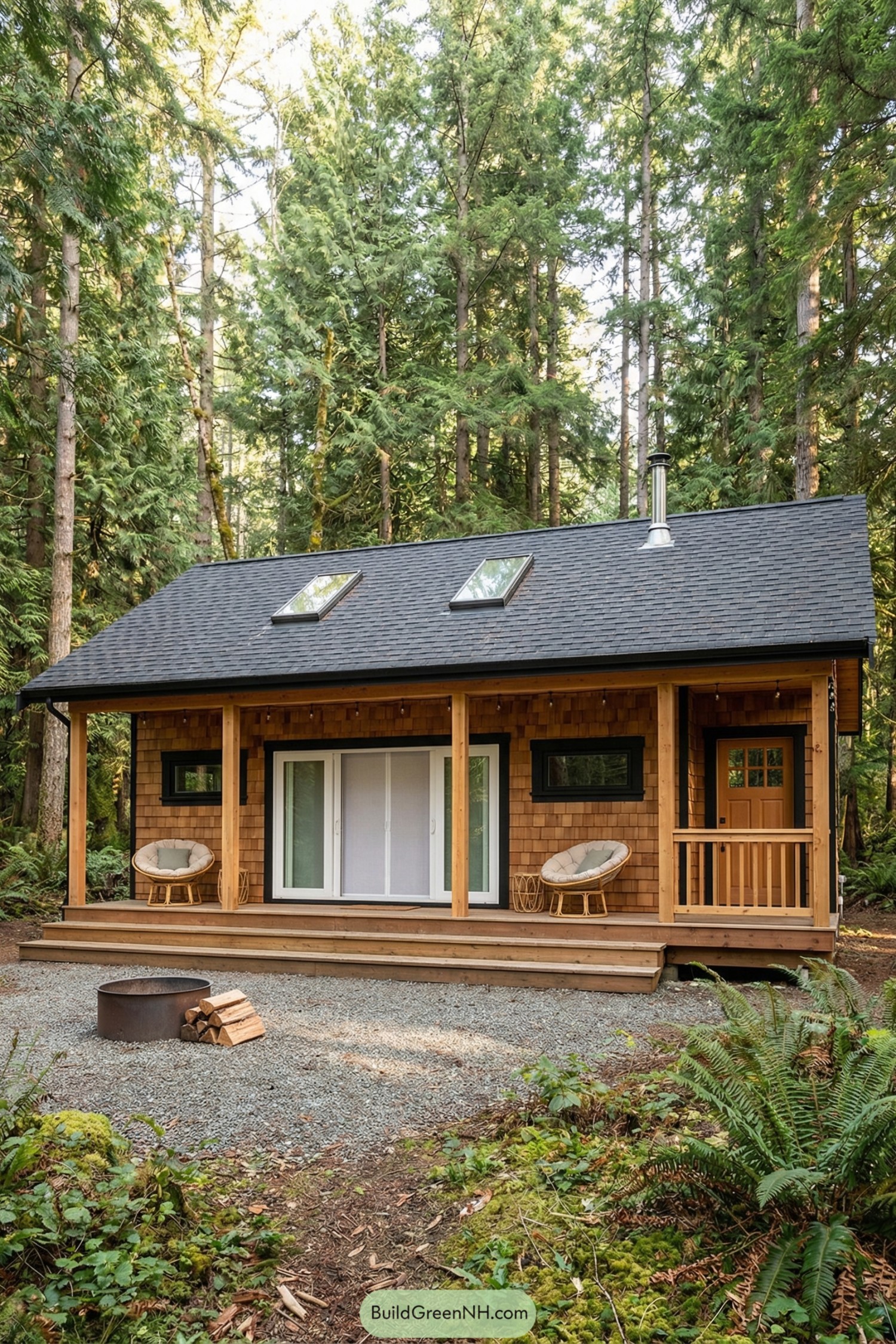 A shingled wood cabin with skylights and front porch nestled in tall evergreen trees