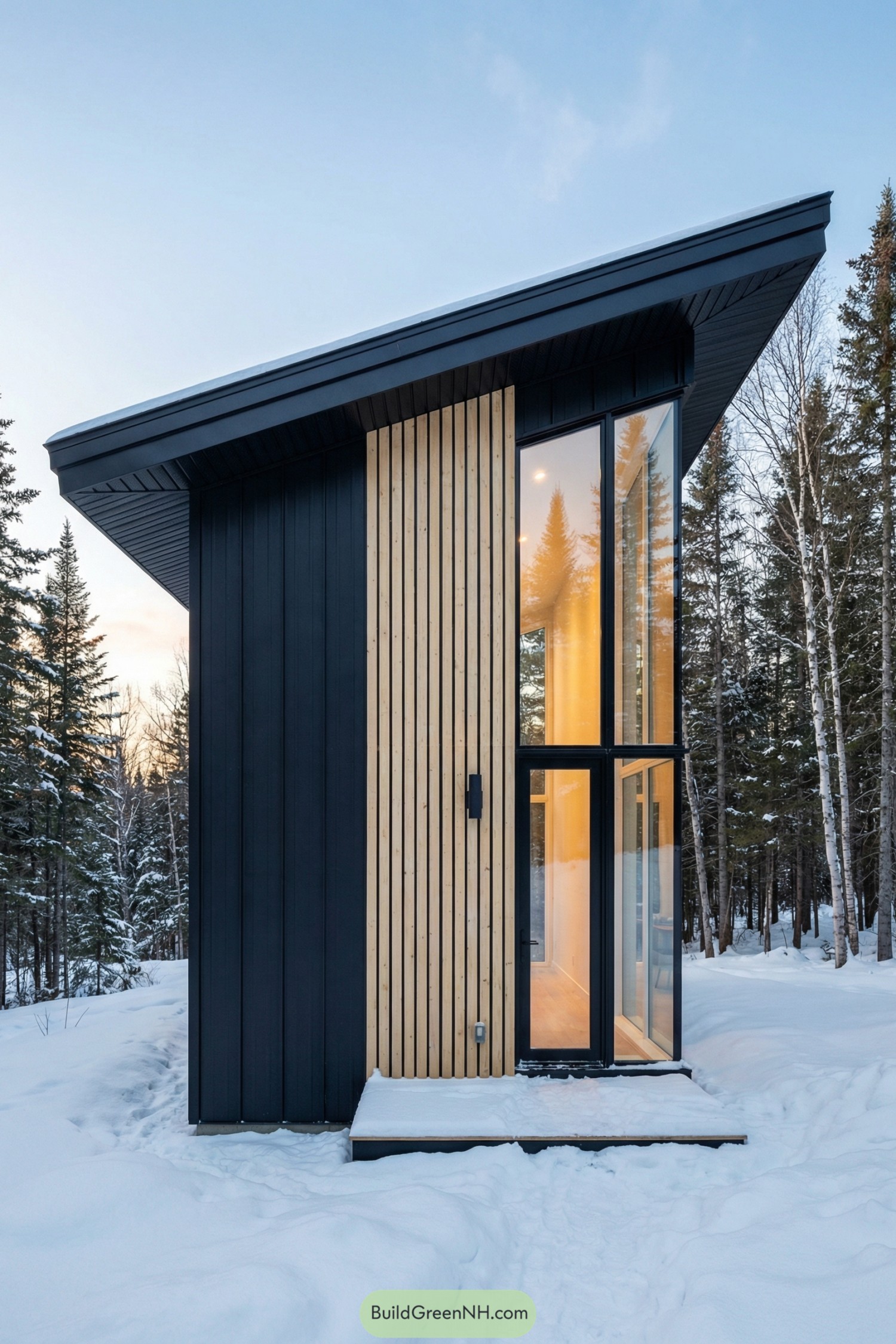 Narrow modern cabin with tall windows in snowy forest