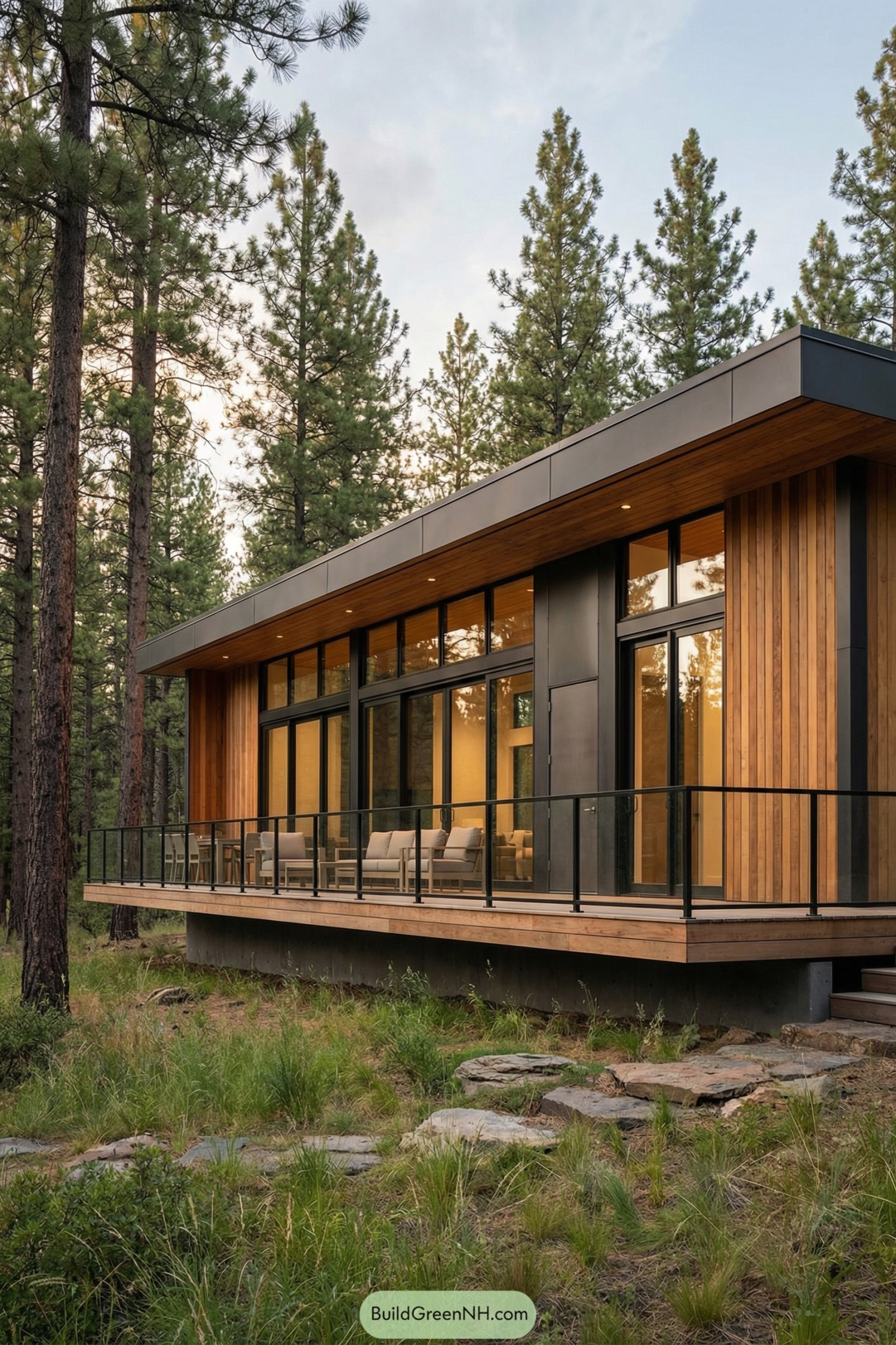 Modern glass-front forest cabin with long raised deck and warm wood cladding