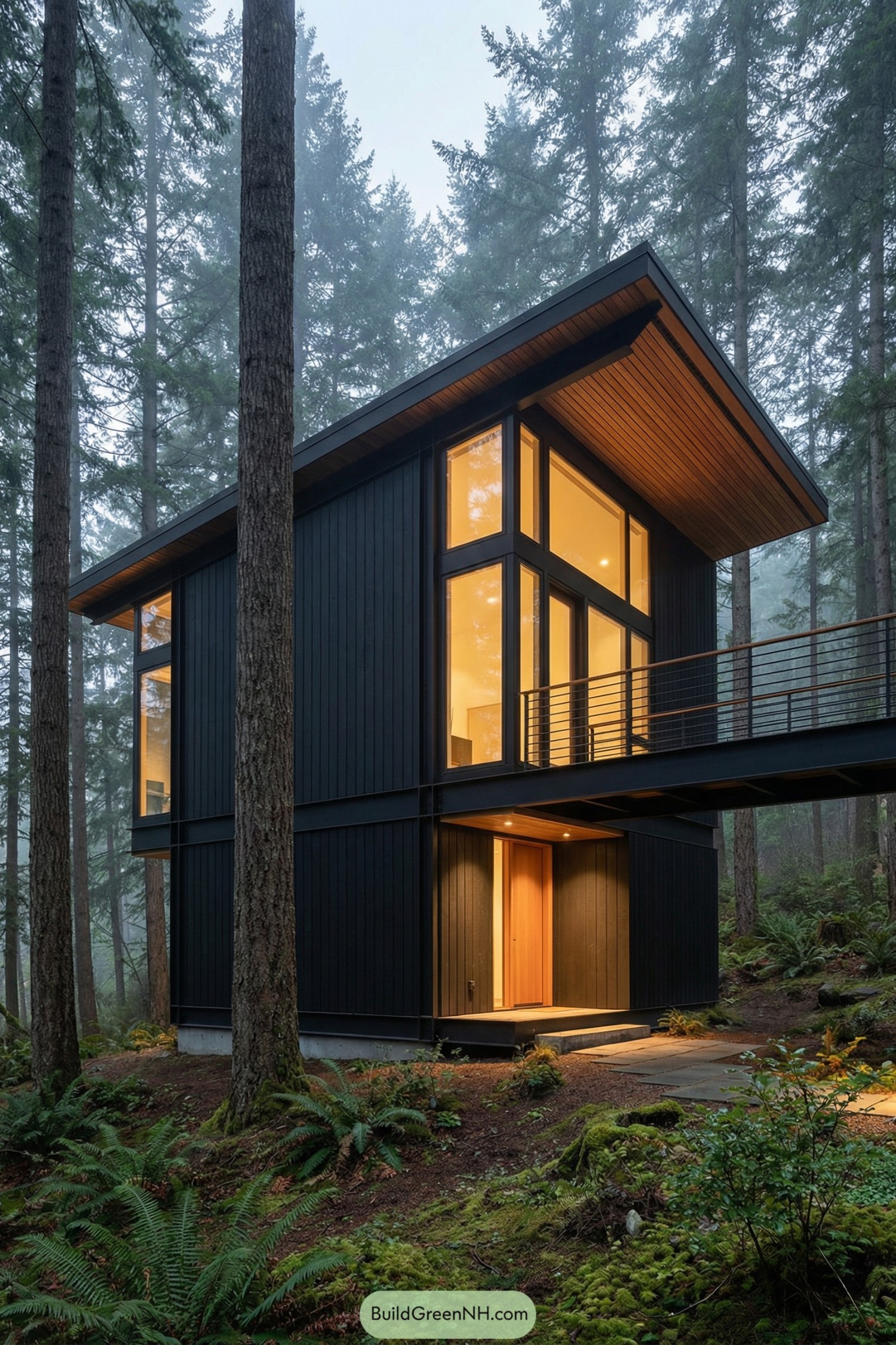 Modern black cabin with tall windows glowing warm light in a misty forest
