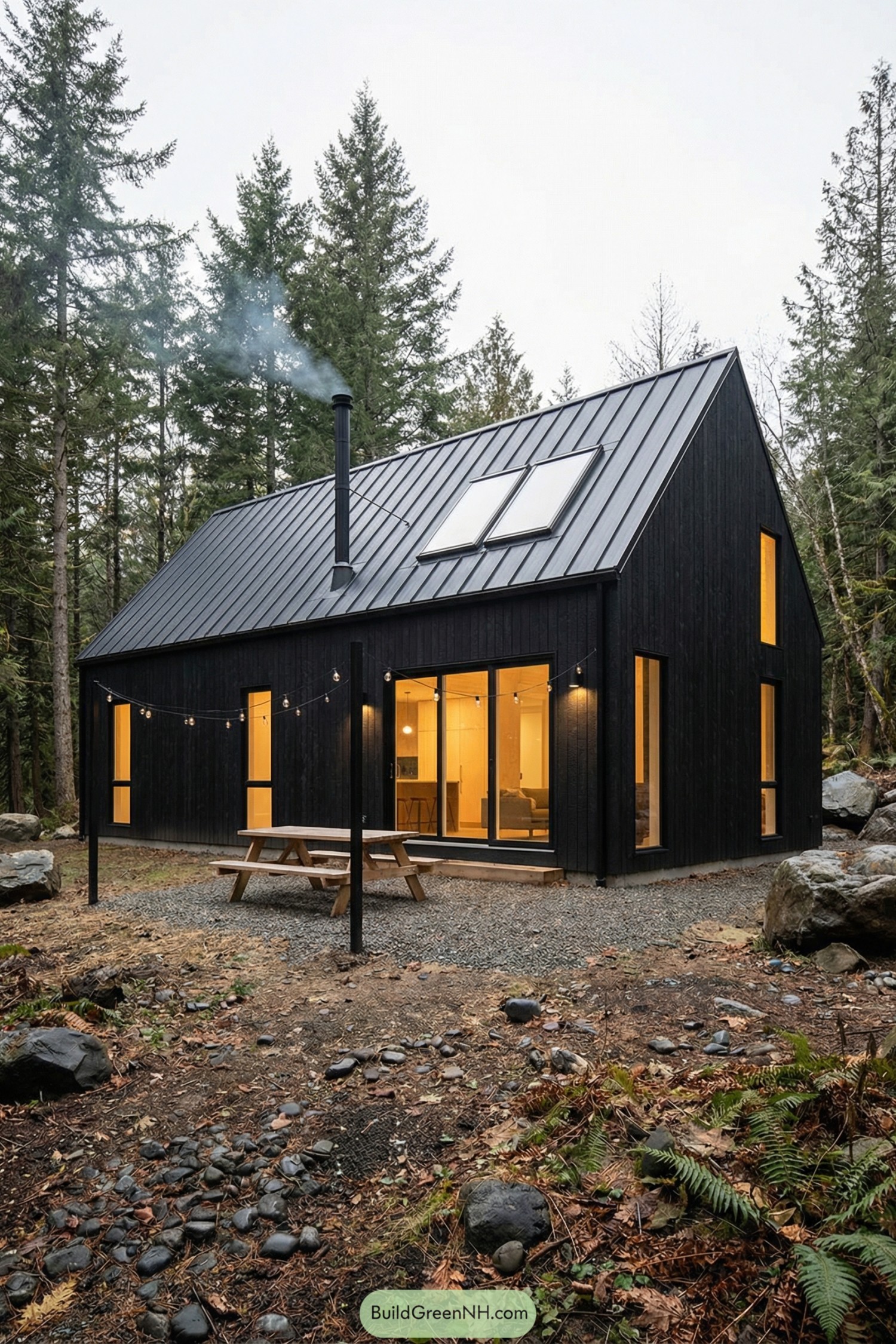 high-res photo of modern forest cabin, minimalist dark facade with uniform vertical cladding, elongated gabled volume, matte black exterior surfaces, warm golden interior glow visible through openings. Simple rectangular shape with steep pitched roof running full length, clean sharp eaves, thin black chimney emitting faint smoke. Materials: charred or black-stained wood cladding, dark metal roof panels, slim black metal framing around glazing, natural wood visible inside. Roof: continuous gable roof with two large rectangular skylights aligned on one slope, frameless or thin-framed, slightly reflective. Windows: large floor-to-ceiling sliding glass opening on main facade, additional tall narrow windows on side walls, all with warm interior lighting and minimal mullions. Door: integrated in main glass opening as sliding glass panels, flush with facade, no visible hardware. Outdoor area: simple low wooden picnic table and benches on gravel clearing, string lights with round bulbs hung across front supported by two slim black posts, subtle concrete bases. Landscaping: natural forest floor with scattered stones, dark soil, dry leaves, patches of green ferns and low plants, a few large dark boulders near cabin. Surrounding background: dense mature conifer forest with tall trunks and rich green needles, branches framing the scene, slight slope rising behind cabin, deep shadows between trees, overcast sky implied by soft diffused light. real-life photo, high-resolution, architectural photography, soft lighting, cinematic composition.