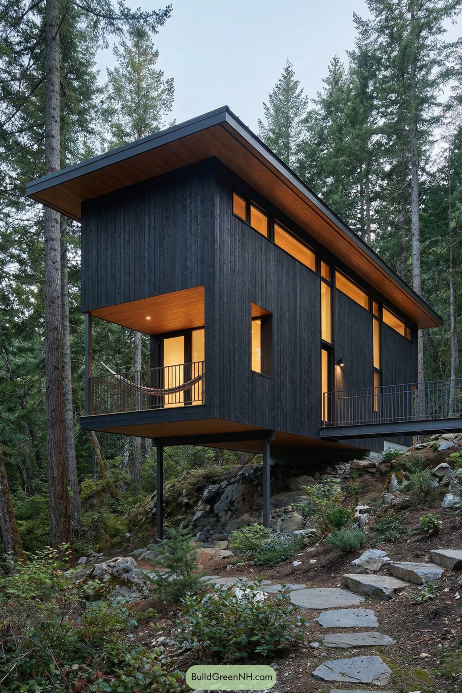 Modern black timber cabin on stilts in a dense forest