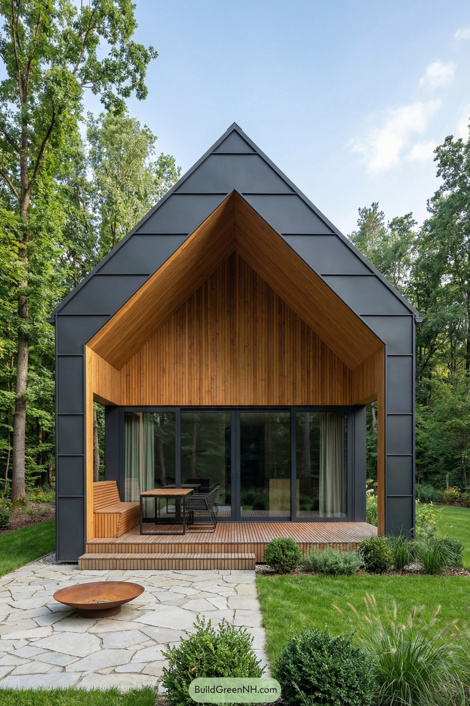 Modern gabled cabin with wood-lined porch and large glass doors in a green forest setting