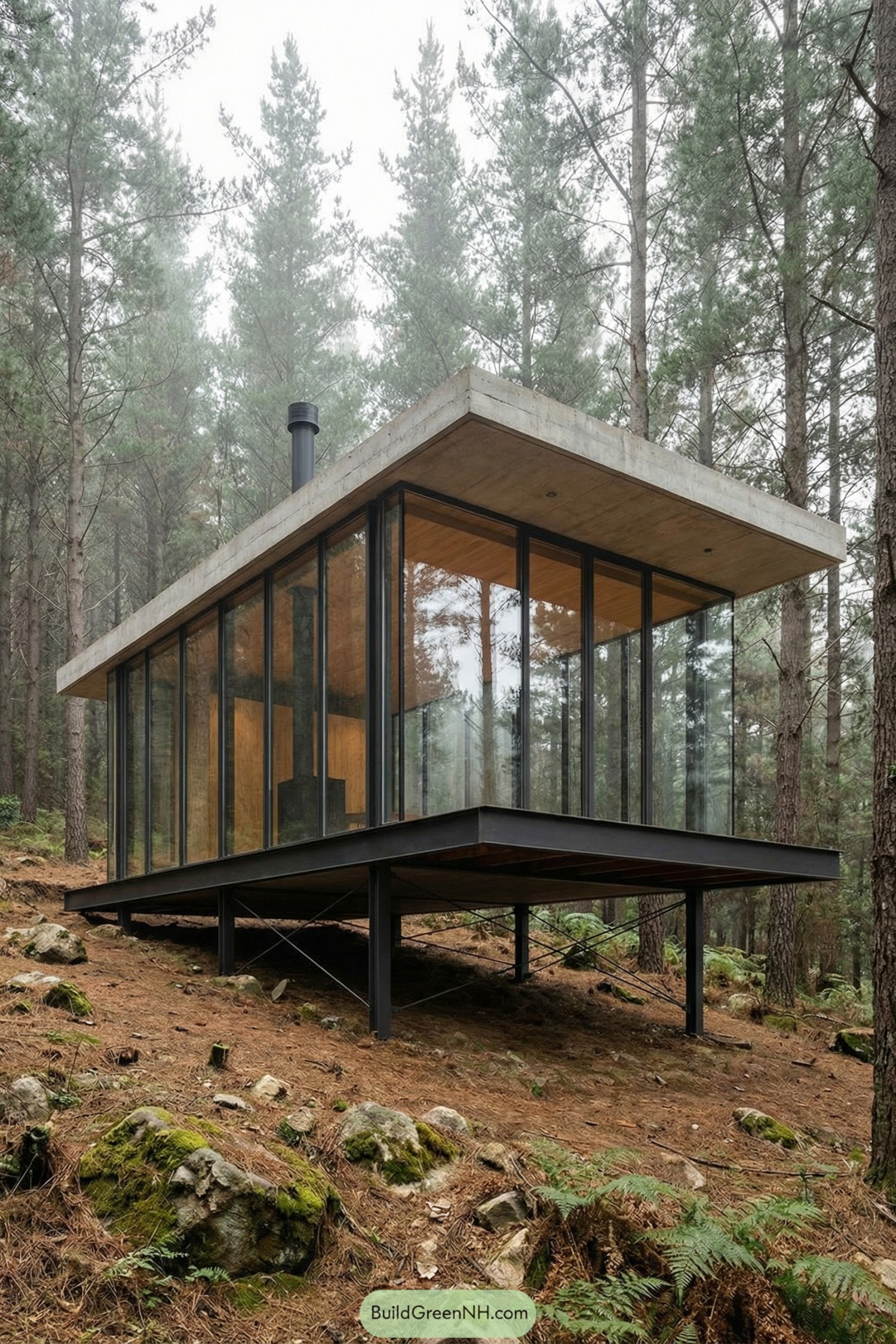 Elevated glass cabin on stilts in forest