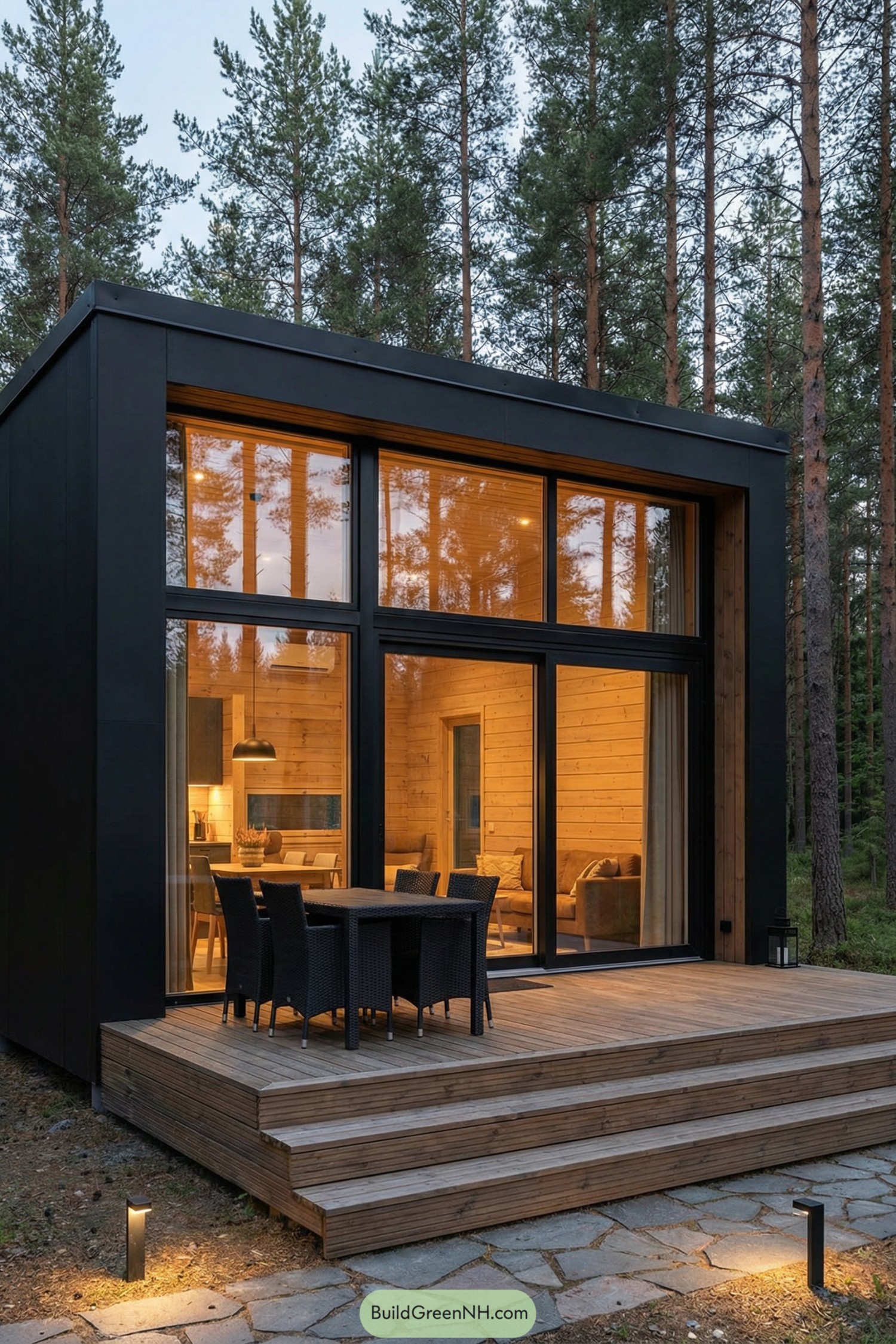 Modern black cabin with huge glowing windows in the middle of tall pines