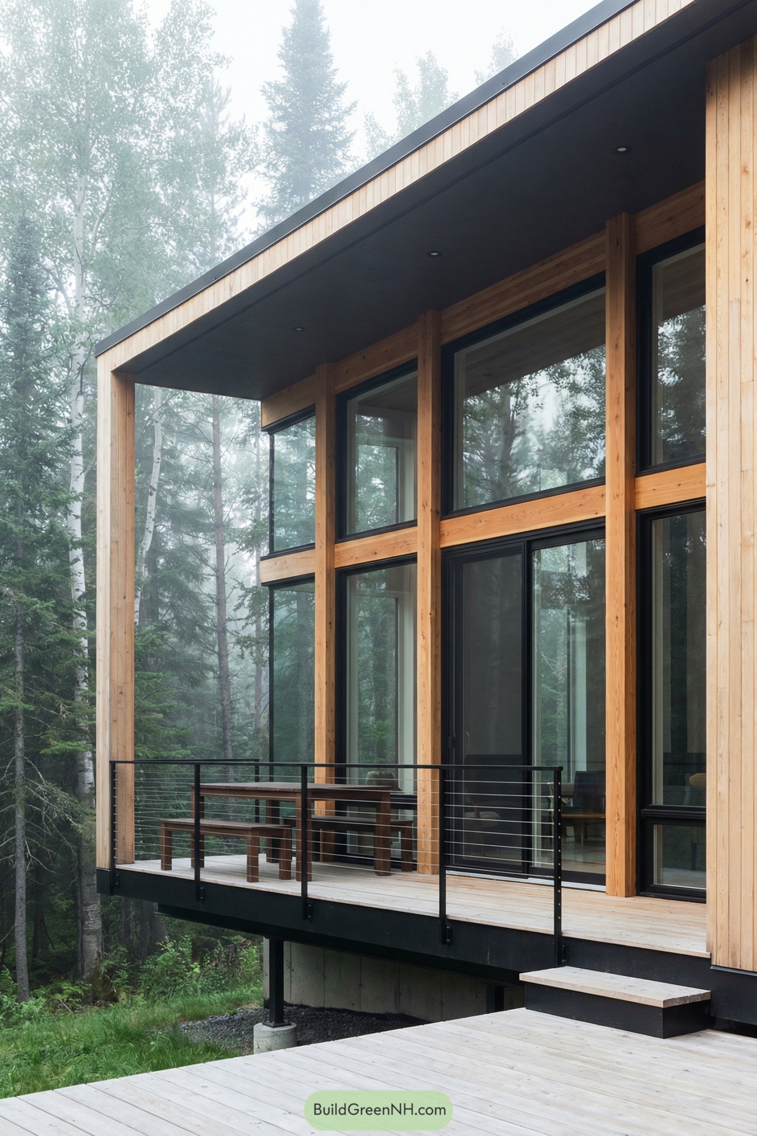 Modern wood cabin with tall glass façade