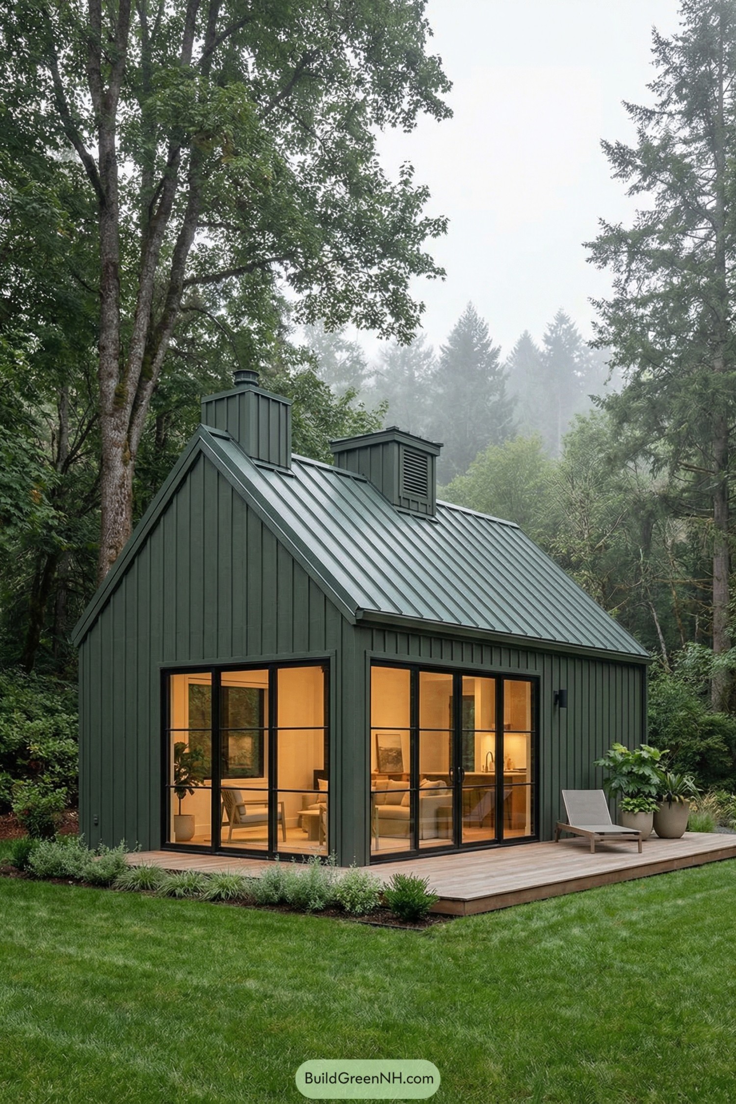 Modern green cabin with tall glass walls in a forest clearing