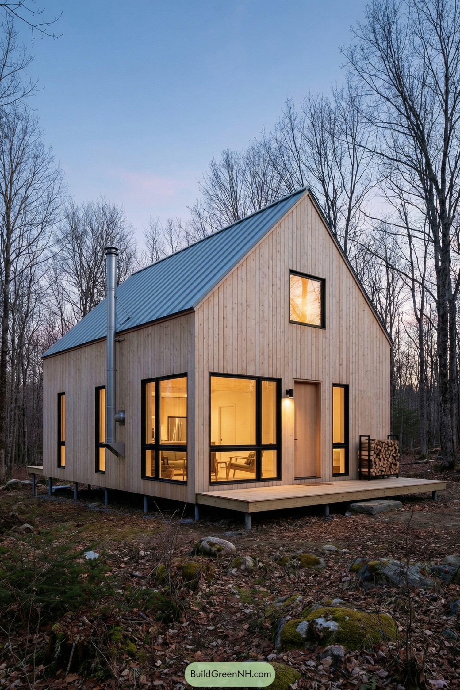 Small wood cabin with metal roof and large windows in a forest at dusk