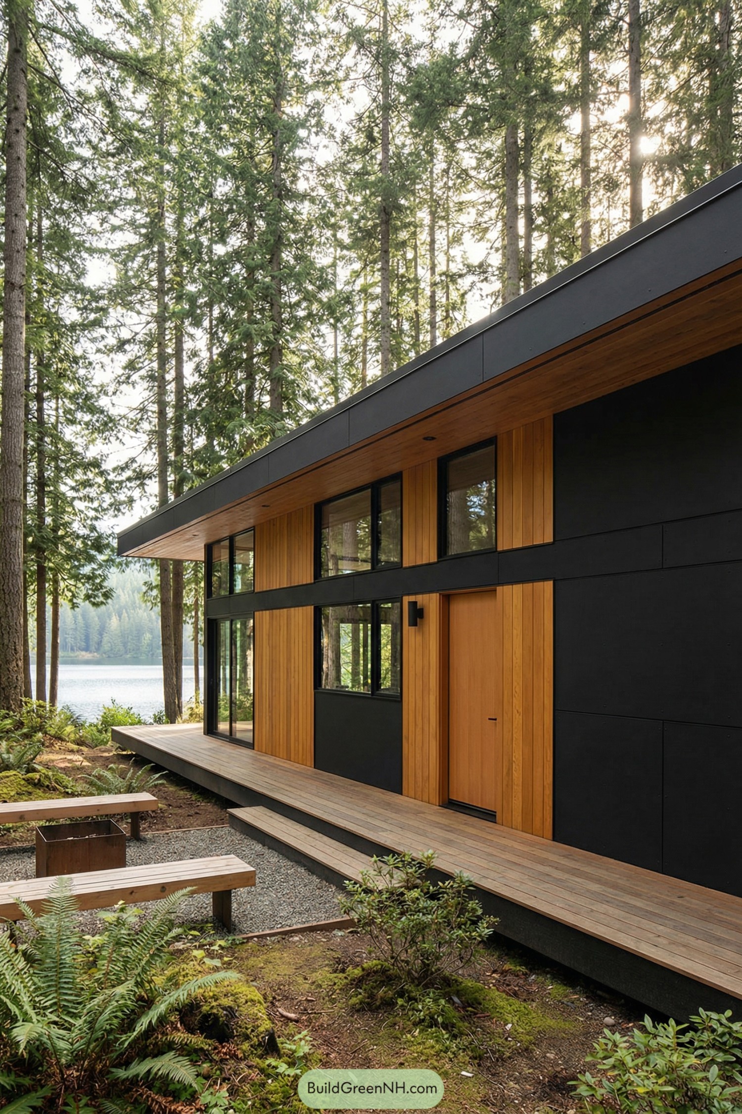 Modern black and cedar cabin in lakeside forest