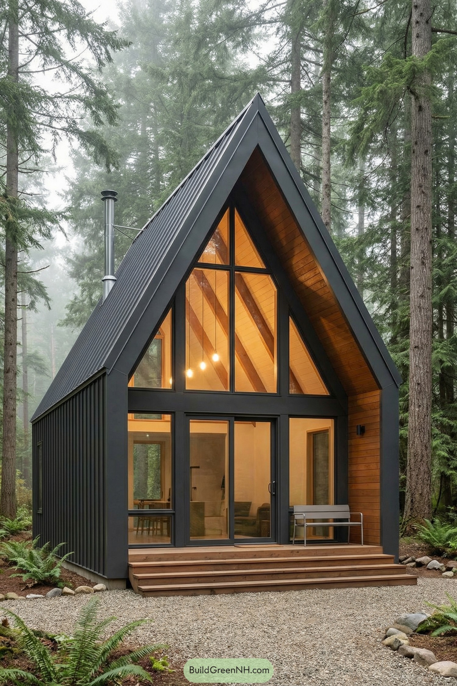 Cozy black A-frame forest cabin with tall glass front and warm interior lighting