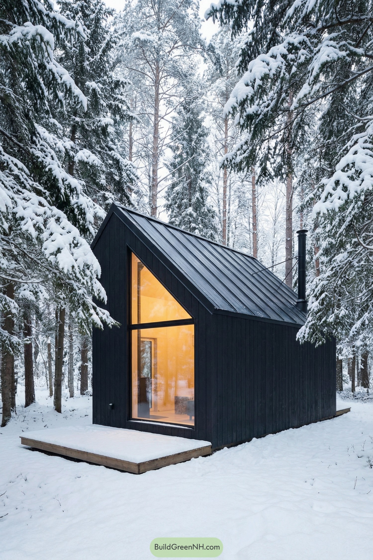 Black minimalist cabin with warm light in snowy pine forest