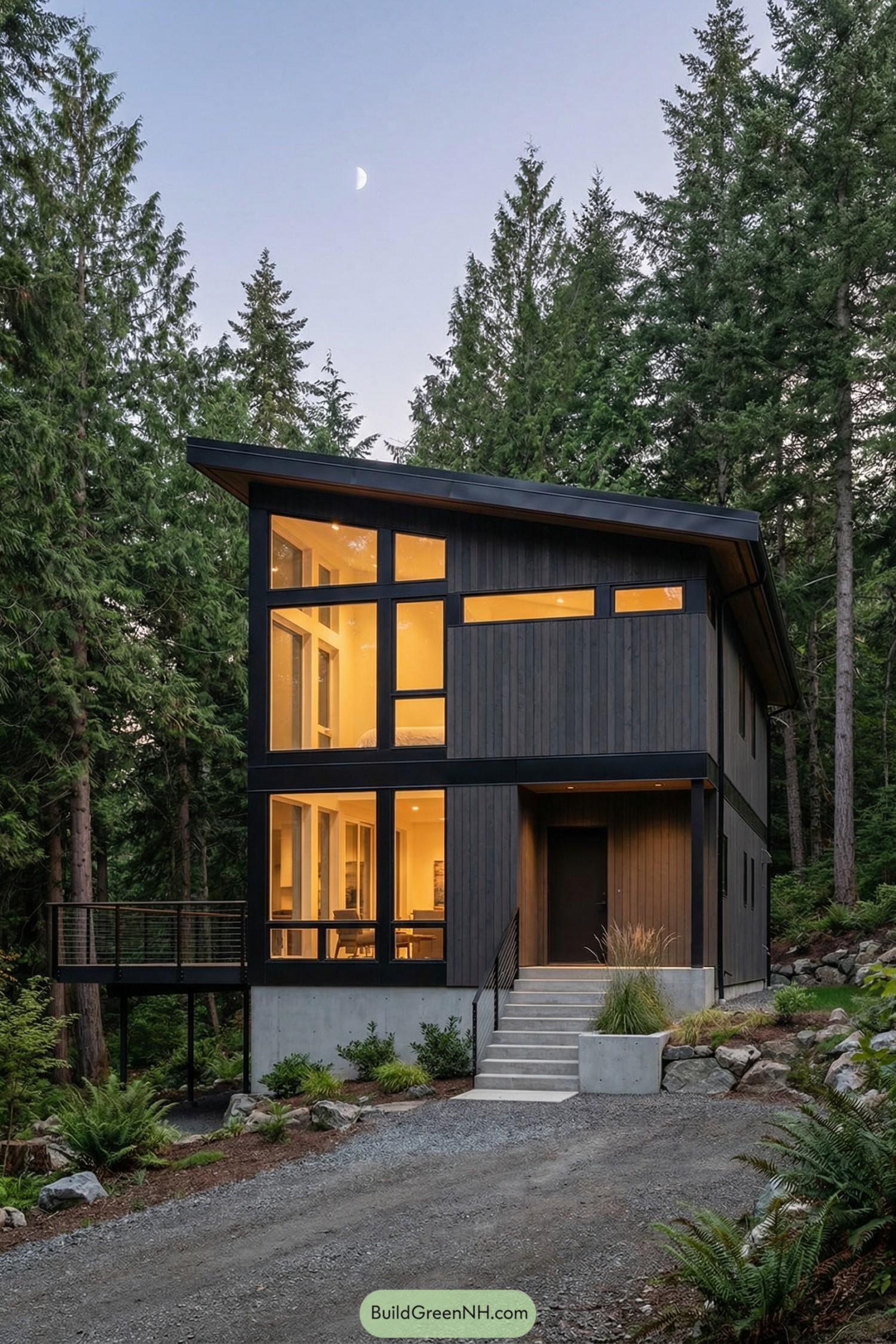 Modern dark wood cabin with large glowing windows set among tall evergreens