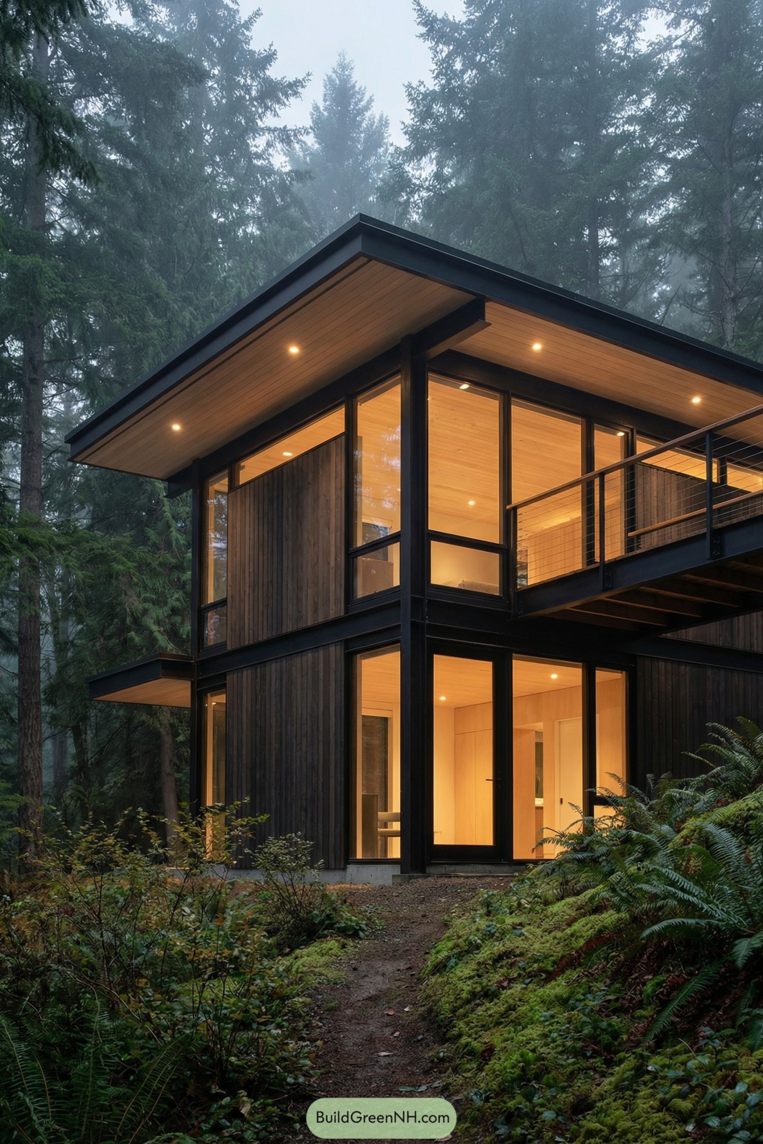 Two-story modern glass cabin in misty forest